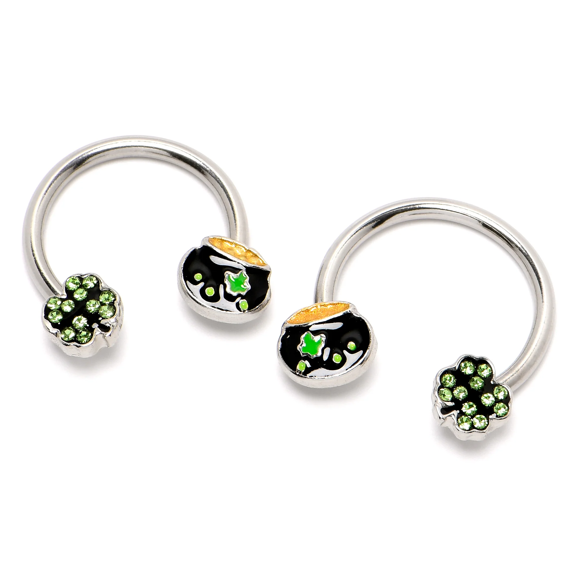 14G 9/16 Green Gem Shamrock Pot of Gold Horseshoe Nipple Ring Set - Image 5