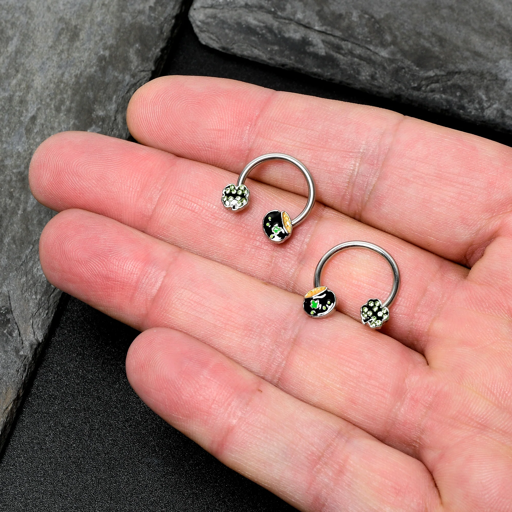 14G 9/16 Green Gem Shamrock Pot of Gold Horseshoe Nipple Ring Set - Image 7