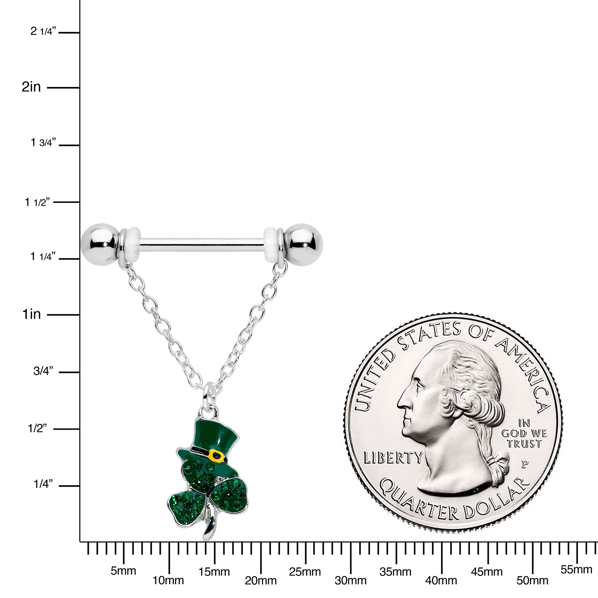14G 9/16 Green Gem Top Hat Shamrock Chain Dangle Nipple Ring Set - Image 3