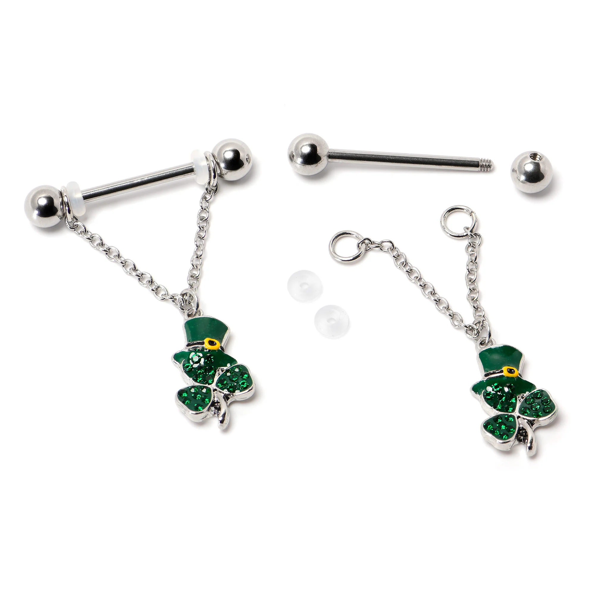 14G 9/16 Green Gem Top Hat Shamrock Chain Dangle Nipple Ring Set - Image 6