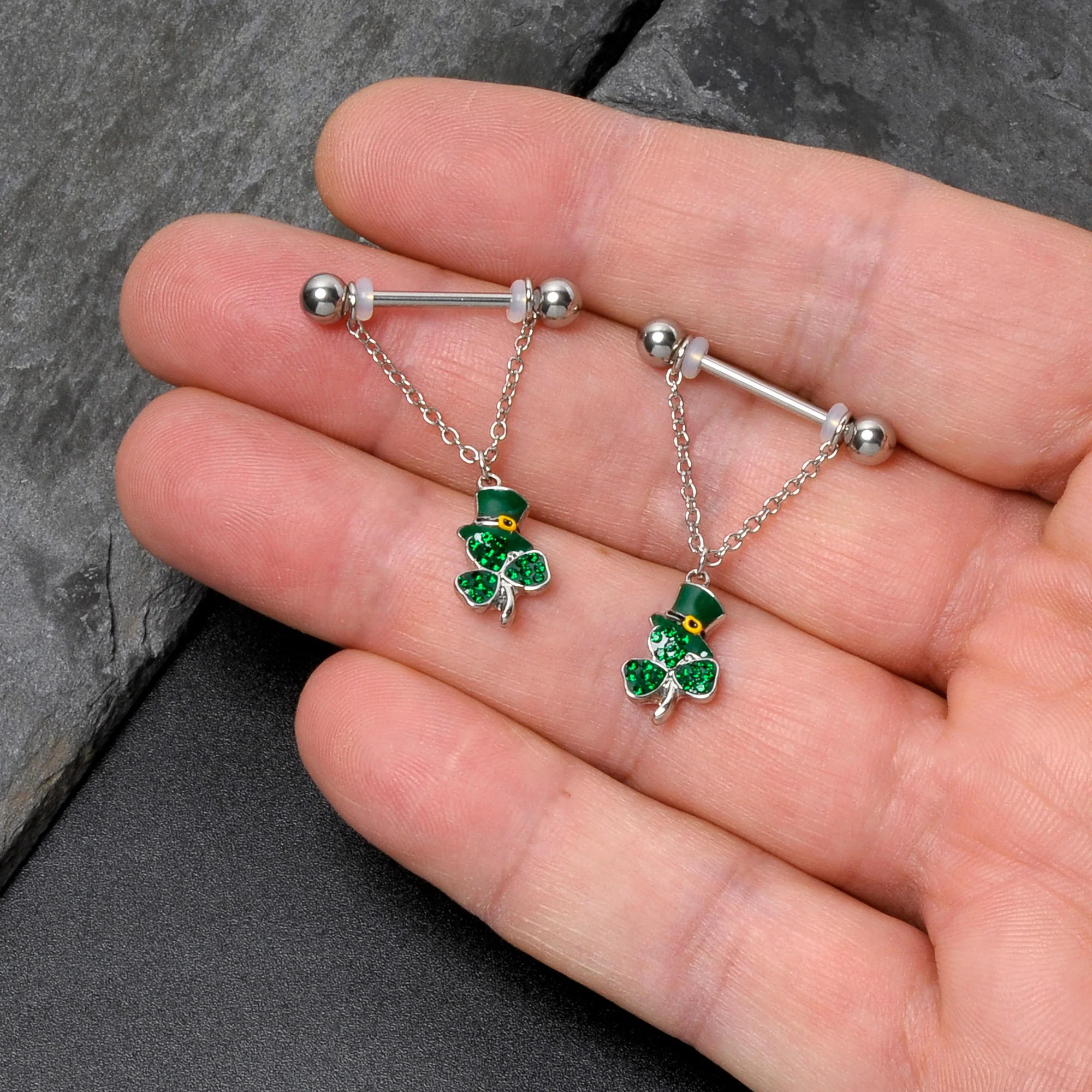 14G 9/16 Green Gem Top Hat Shamrock Chain Dangle Nipple Ring Set - Image 8