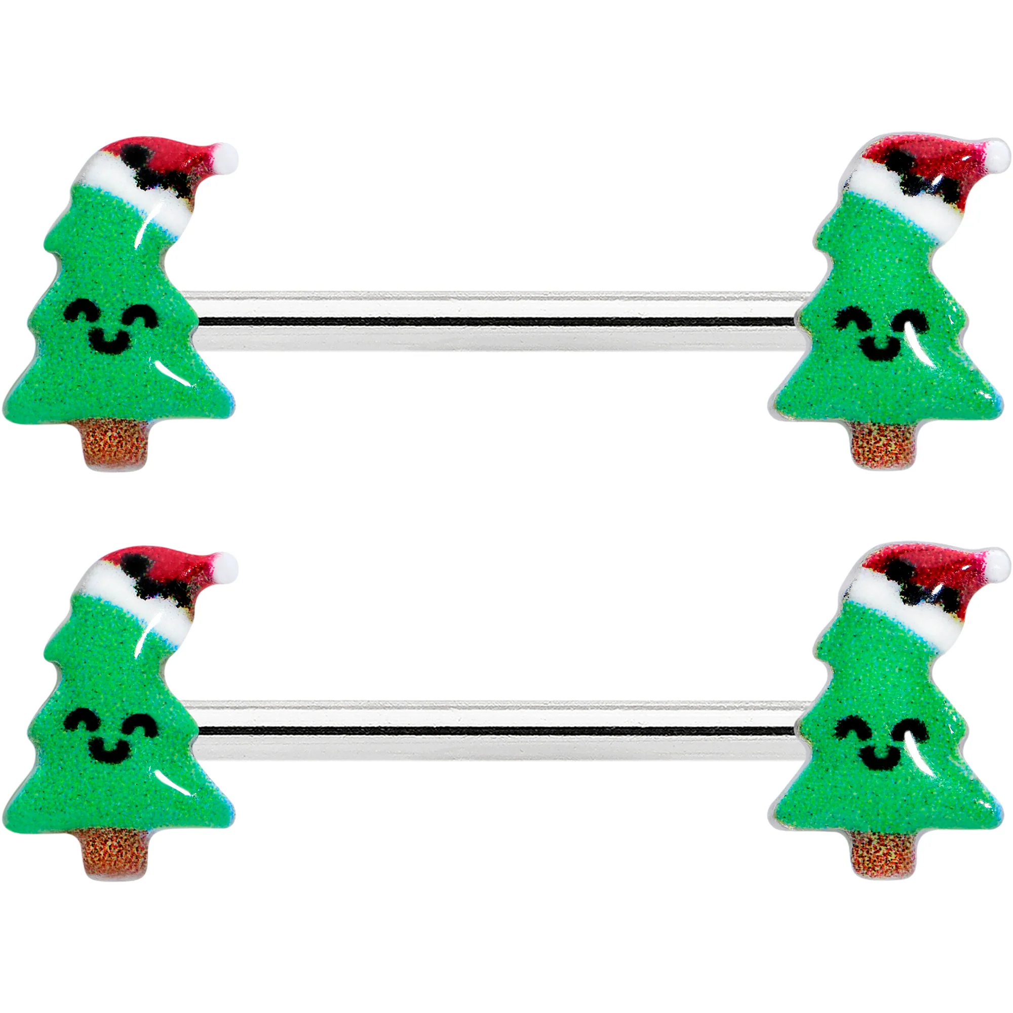 14G 9/16 Happy Christmas Tree Hat Barbell Nipple Ring Set - Image 2