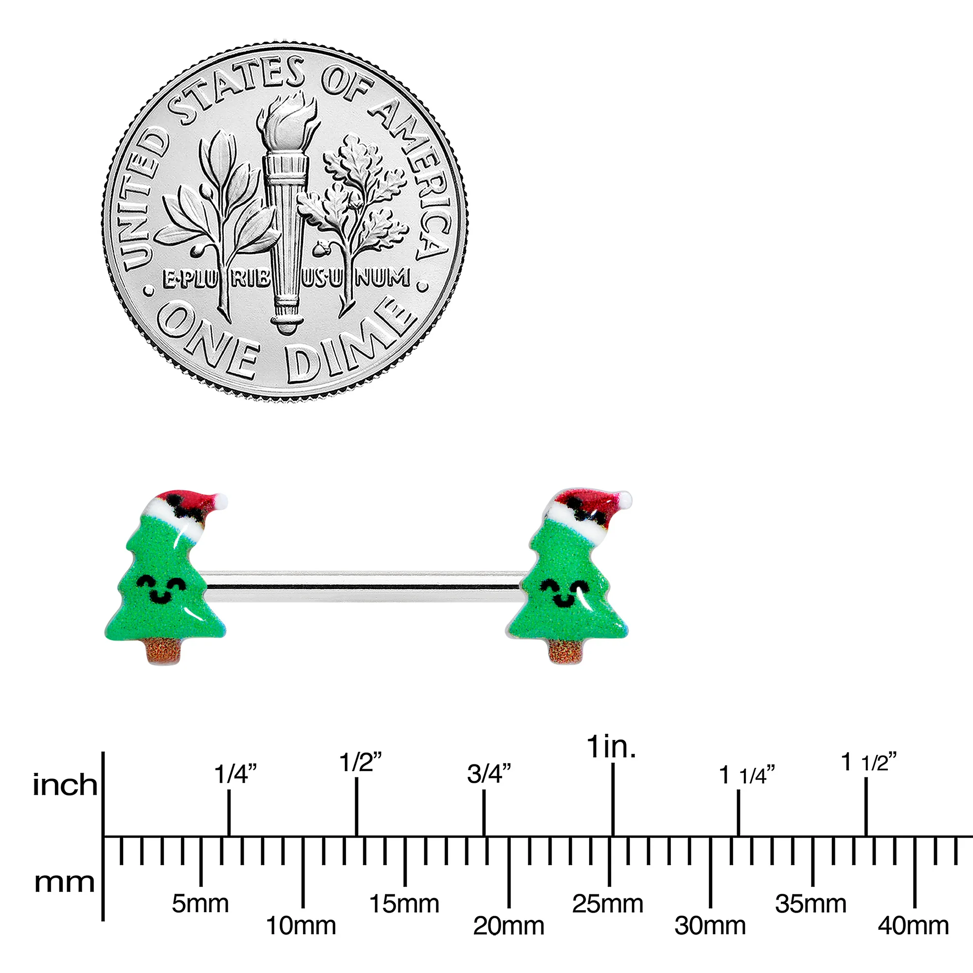 14G 9/16 Happy Christmas Tree Hat Barbell Nipple Ring Set - Image 3