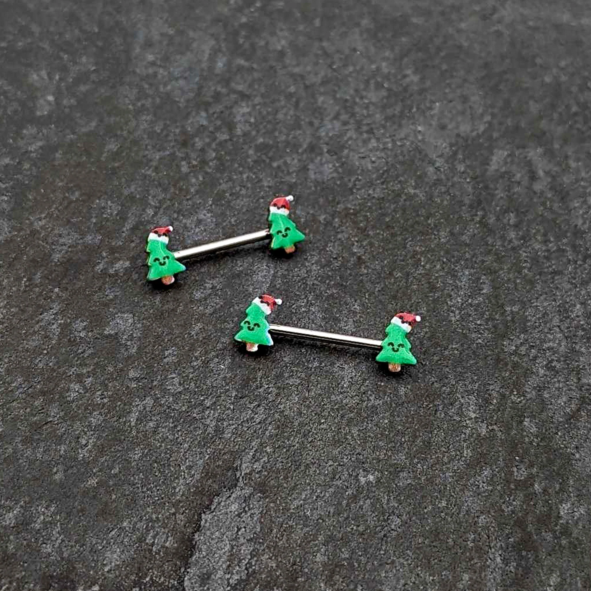 14G 9/16 Happy Christmas Tree Hat Barbell Nipple Ring Set - Image 4