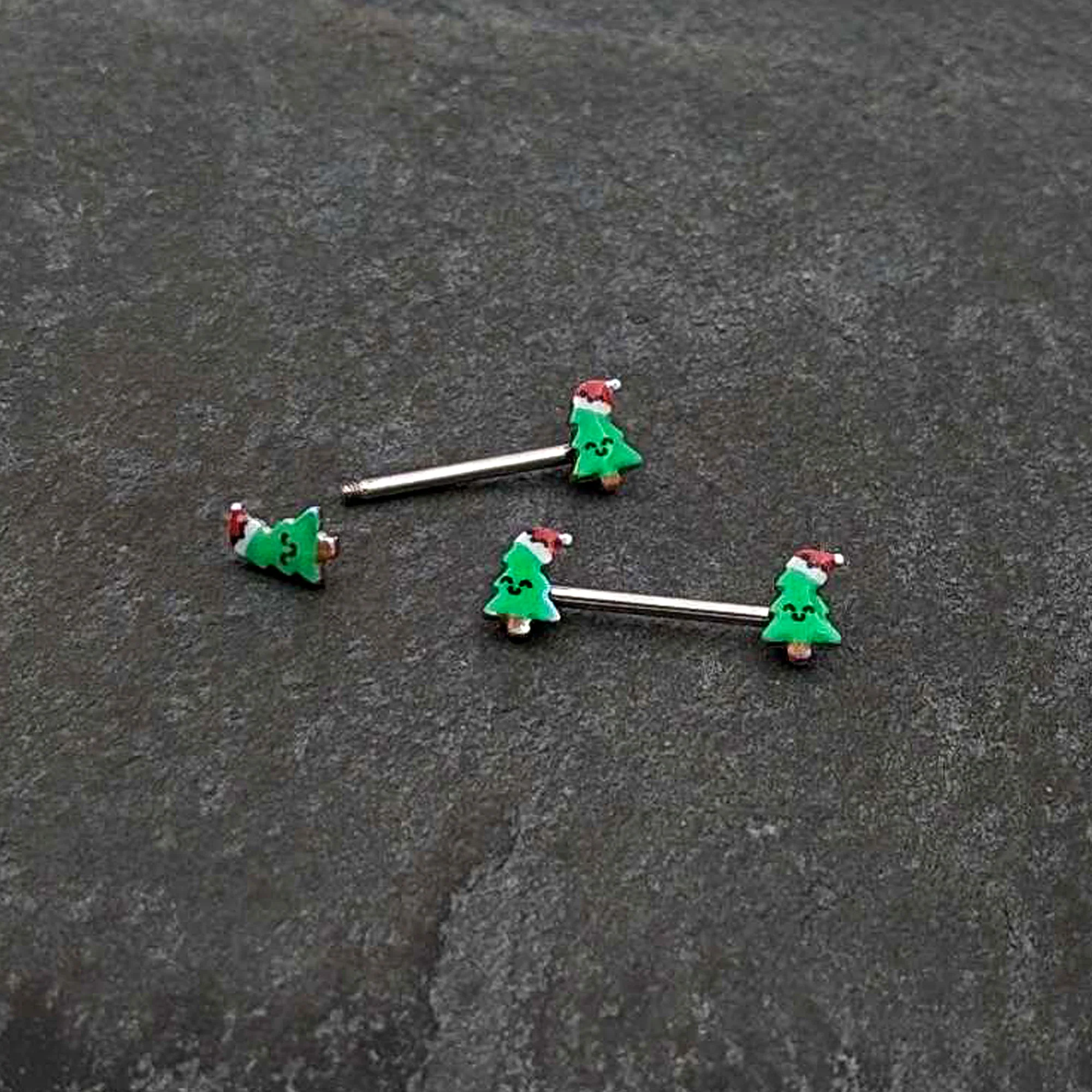 14G 9/16 Happy Christmas Tree Hat Barbell Nipple Ring Set - Image 5