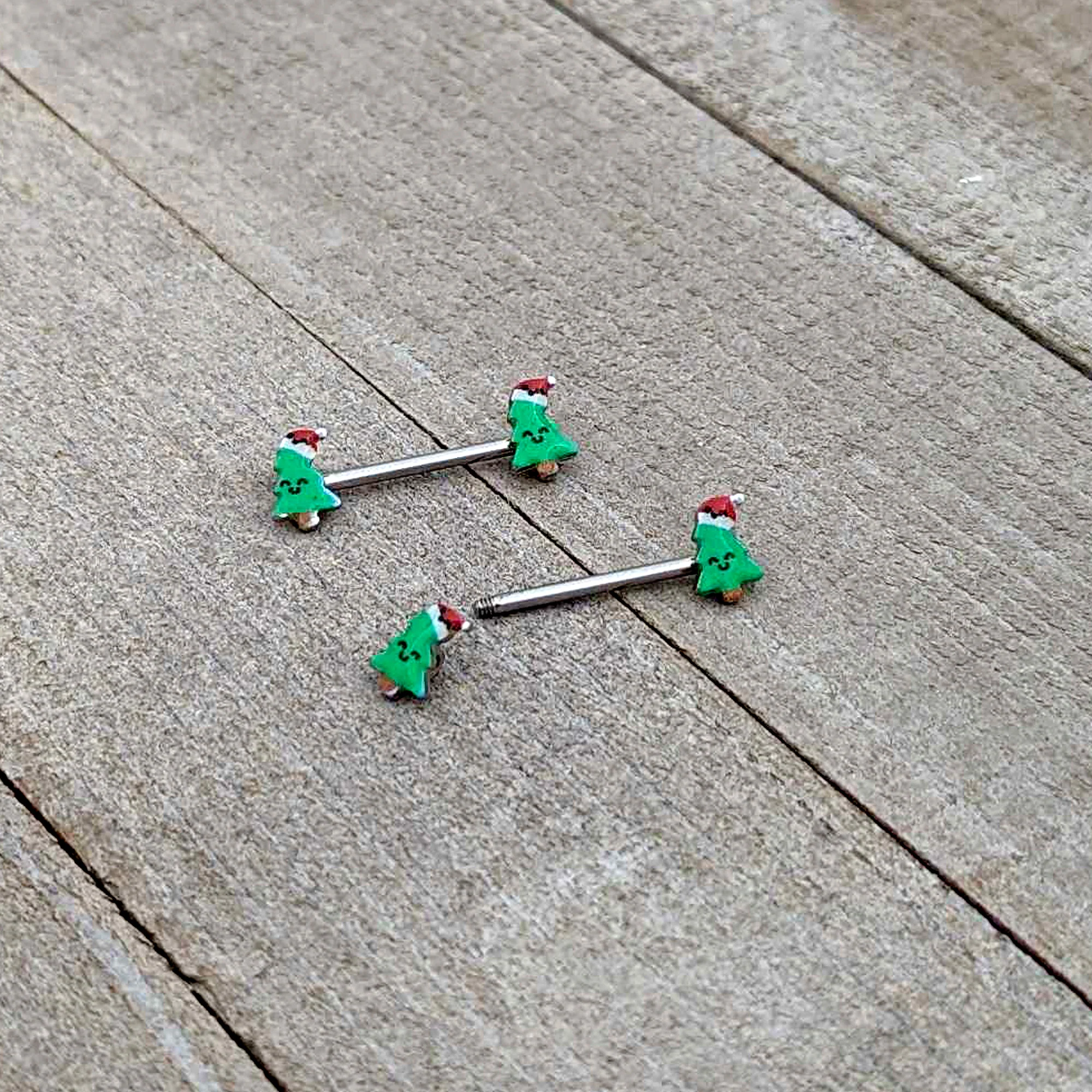 14G 9/16 Happy Christmas Tree Hat Barbell Nipple Ring Set - Image 7