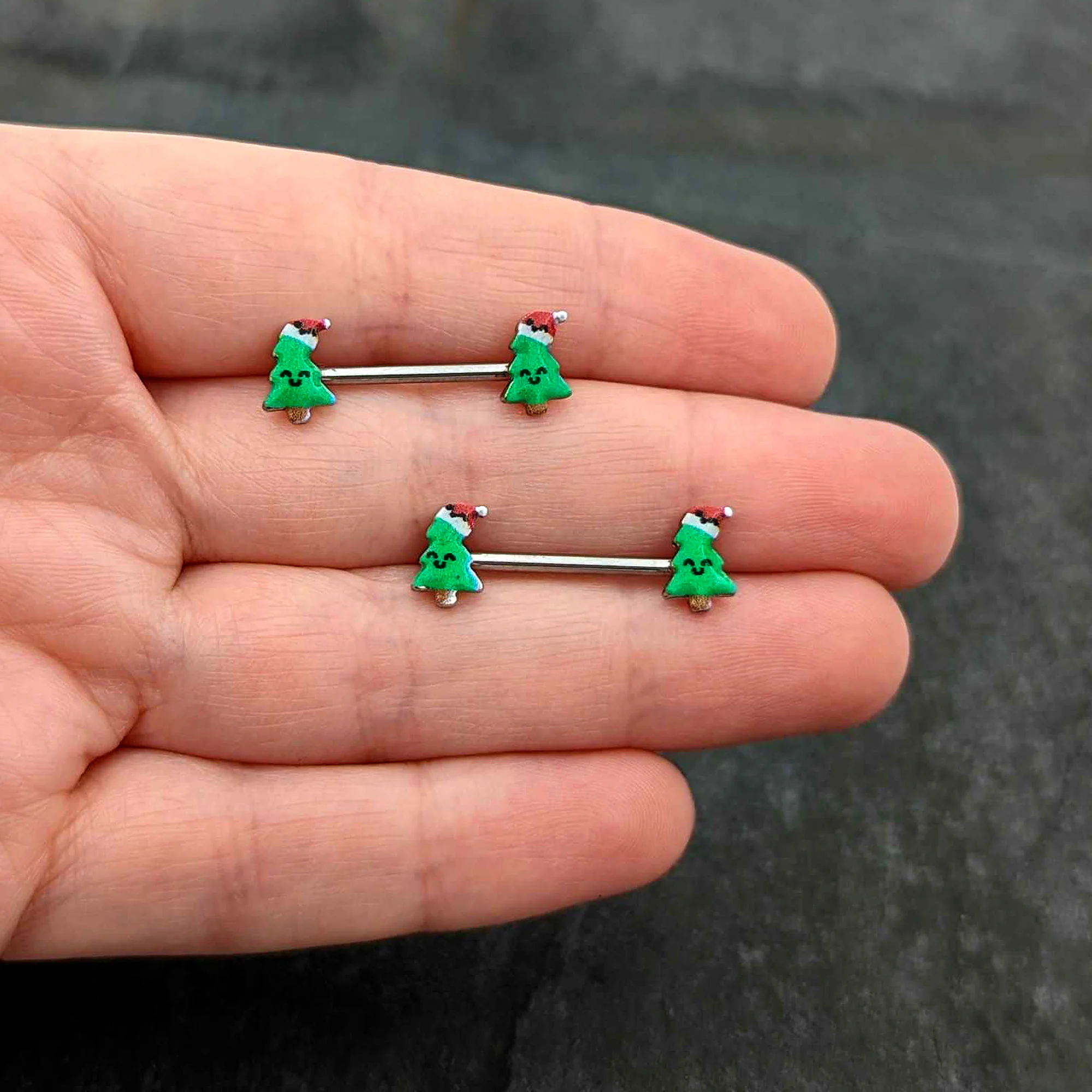 14G 9/16 Happy Christmas Tree Hat Barbell Nipple Ring Set - Image 8