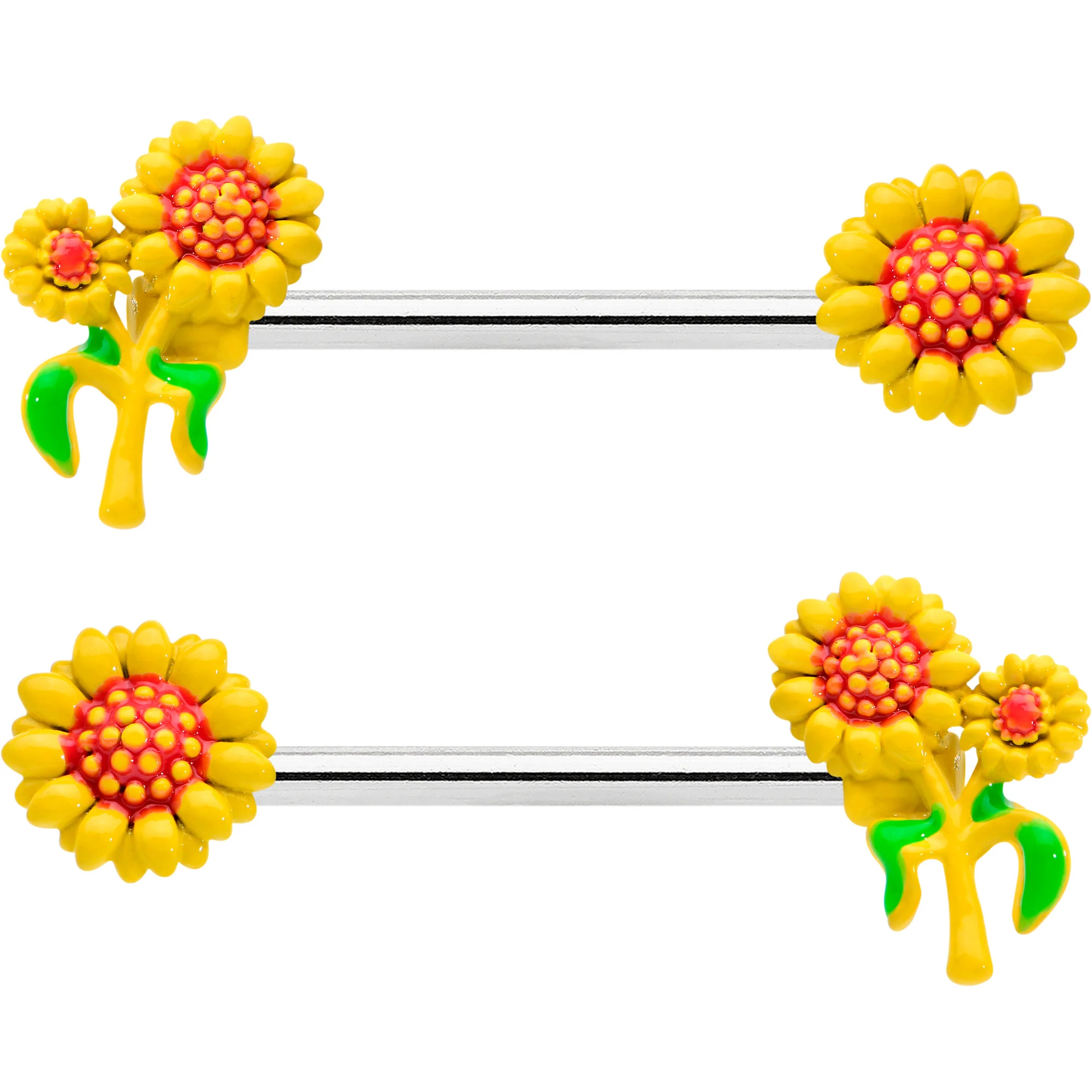 14G 9/16 Happy Yellow Sunflower Trio Barbell Nipple Ring Set - Image 2