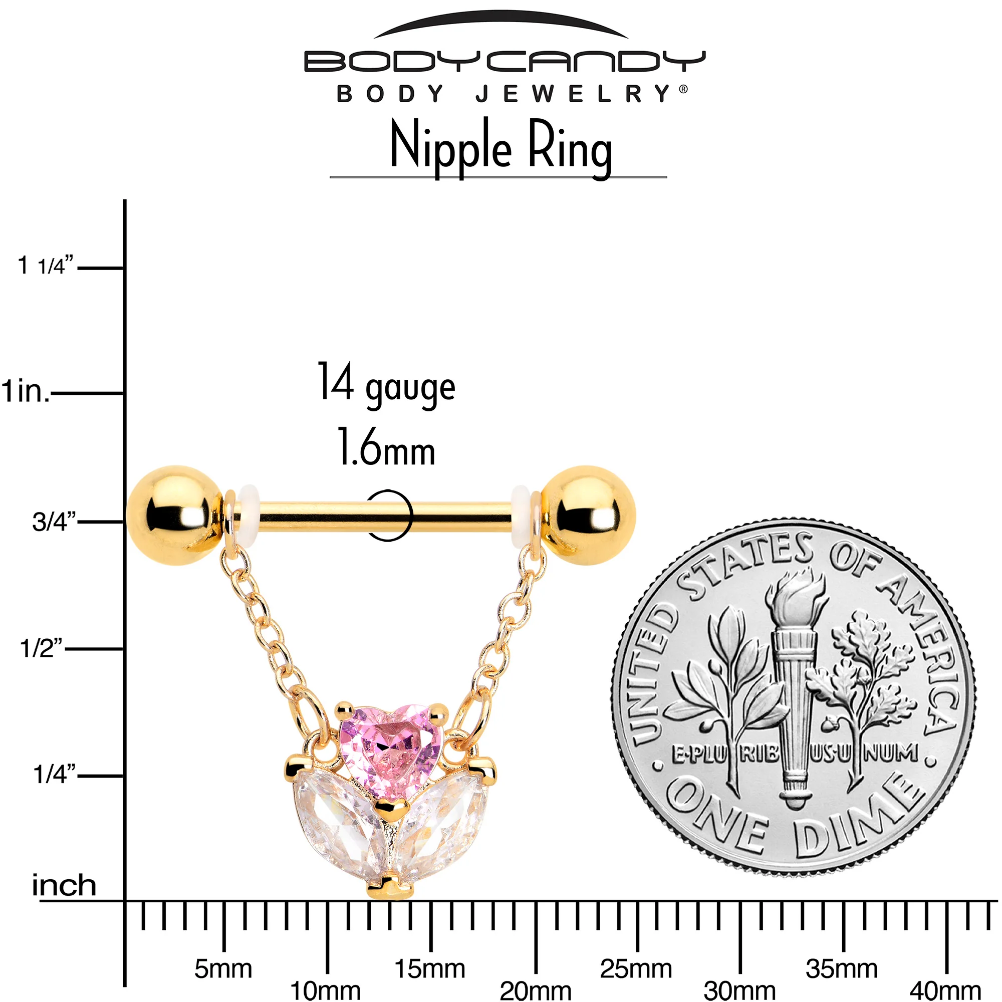 14G 9/16 Pink CZ Gem Gold Tone Love Flower Dangle Nipple Ring Set - Image 3