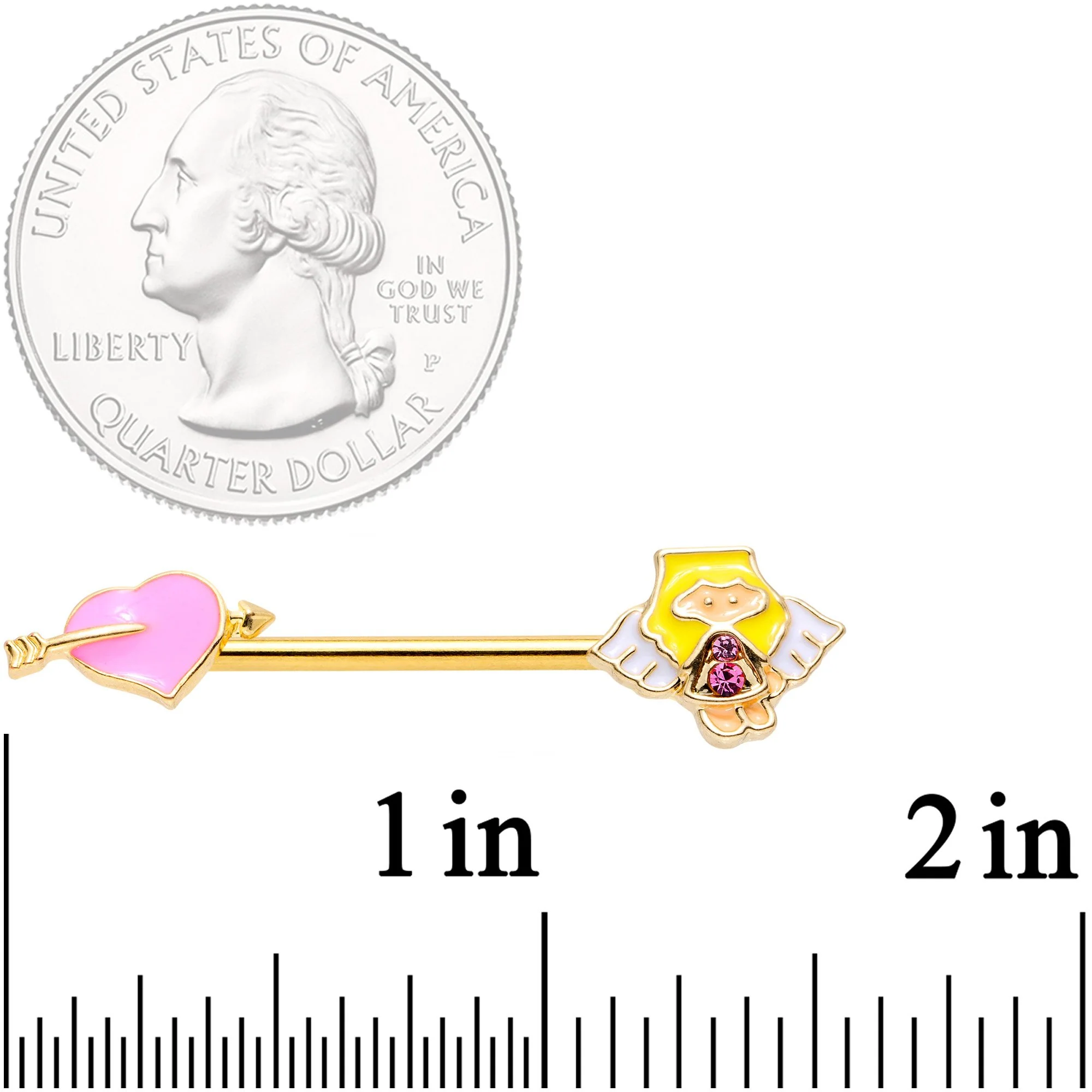 14G 9/16 Pink Gem Heart Cupid Gold Tone Barbell Nipple Ring Set - Image 2