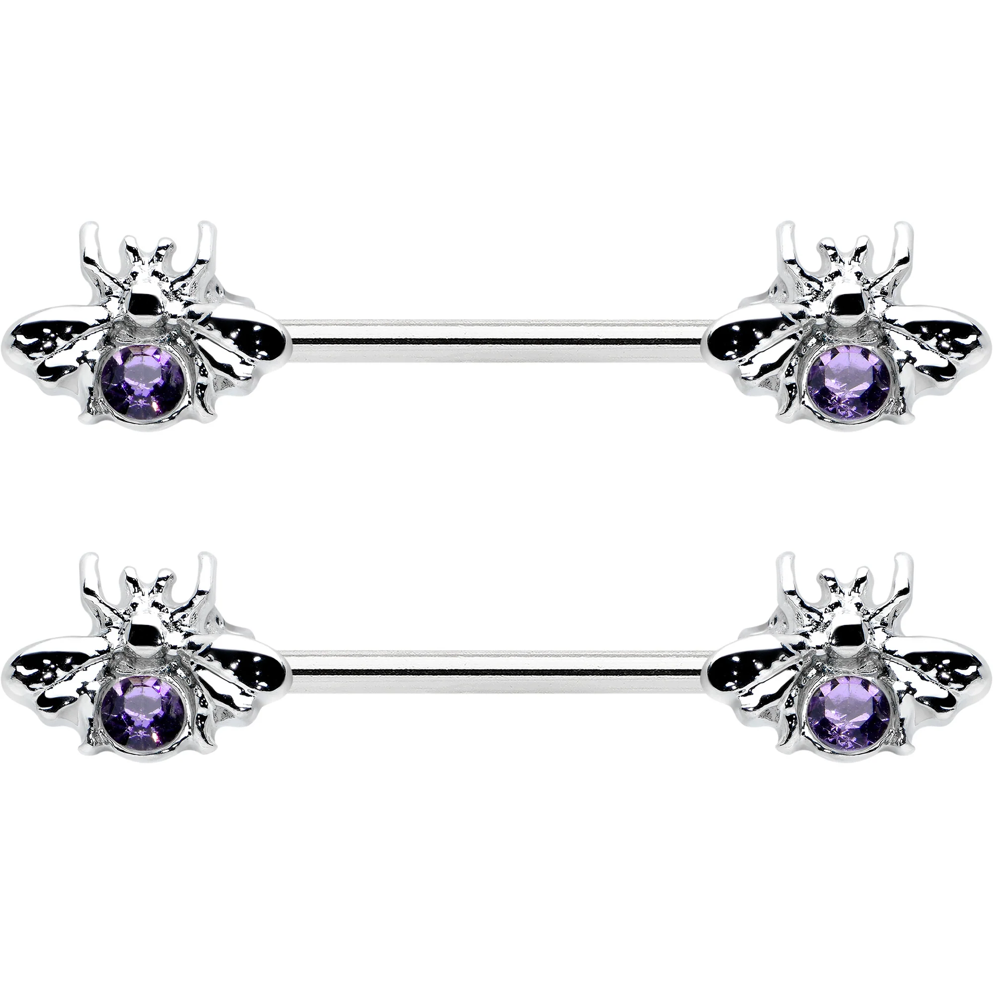 14G 9/16 Purple Gem Bee Beautiful Insect Barbell Nipple Ring Set - Image 2