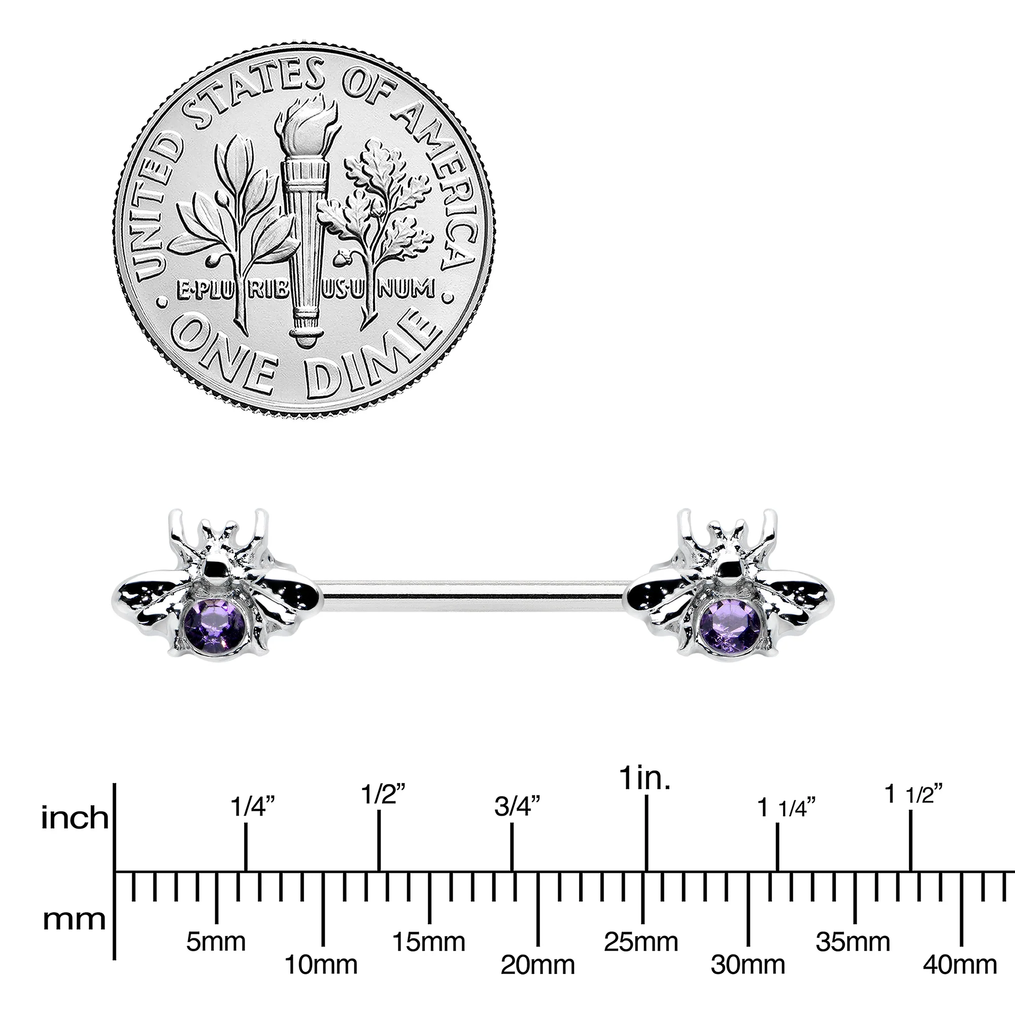 14G 9/16 Purple Gem Bee Beautiful Insect Barbell Nipple Ring Set - Image 3