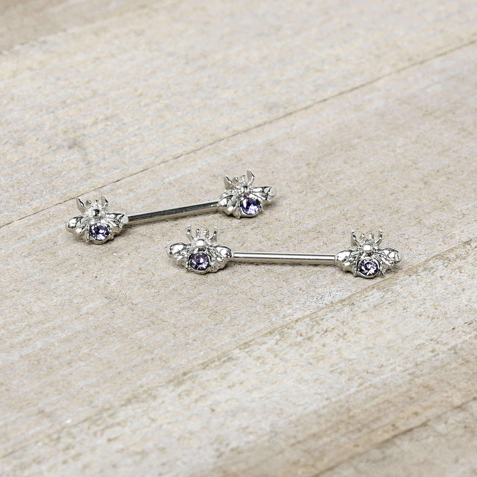14G 9/16 Purple Gem Bee Beautiful Insect Barbell Nipple Ring Set - Image 4