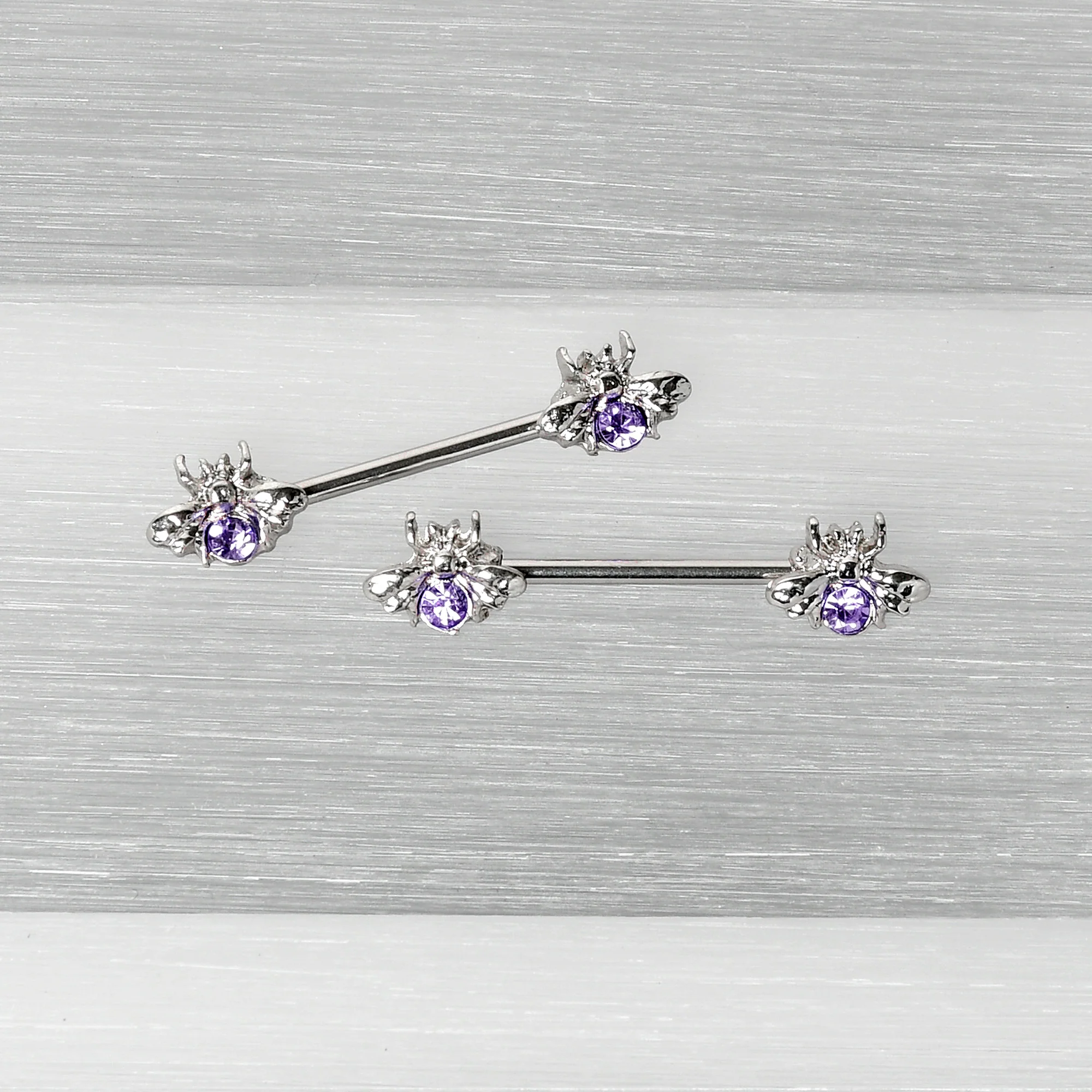 14G 9/16 Purple Gem Bee Beautiful Insect Barbell Nipple Ring Set - Image 5