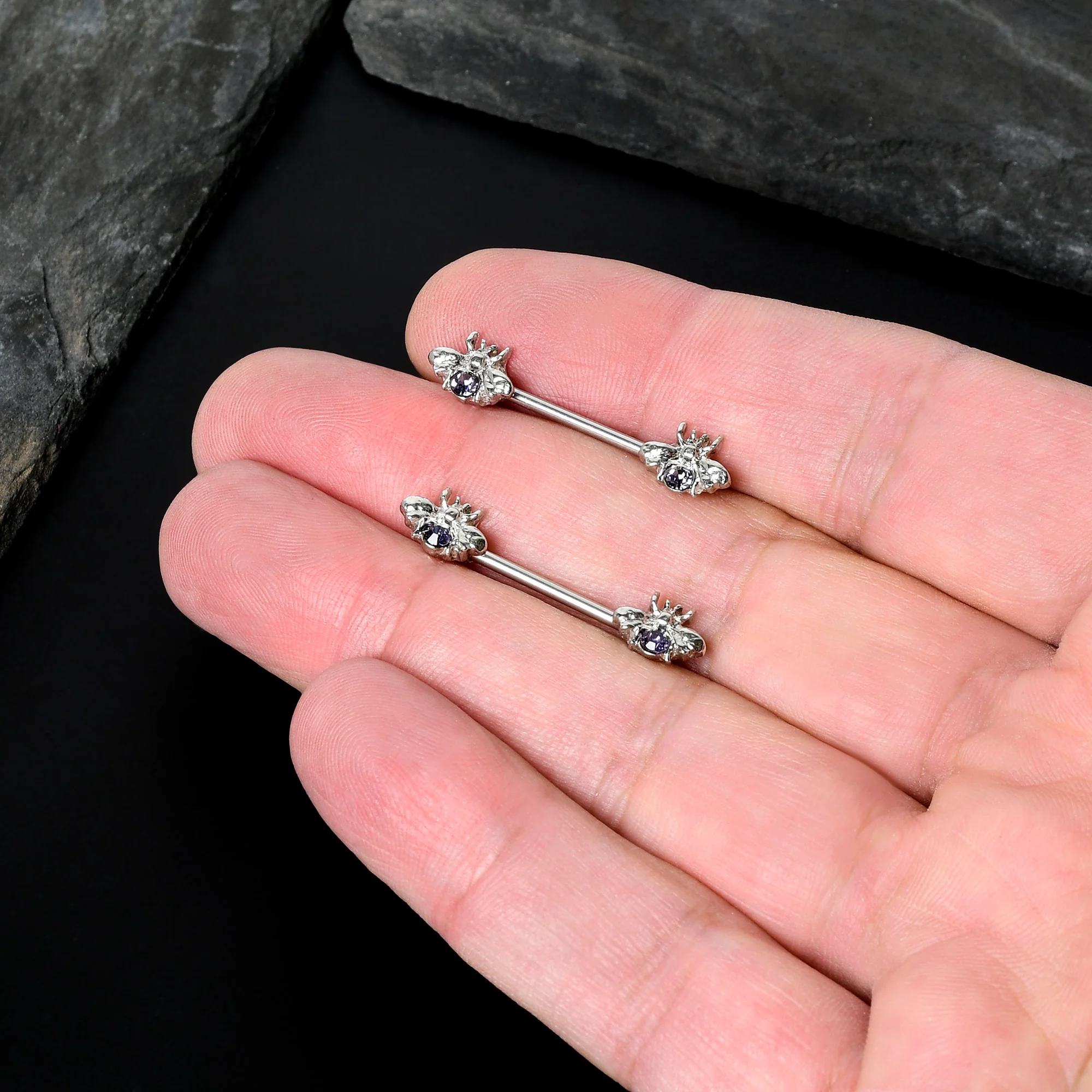 14G 9/16 Purple Gem Bee Beautiful Insect Barbell Nipple Ring Set - Image 6