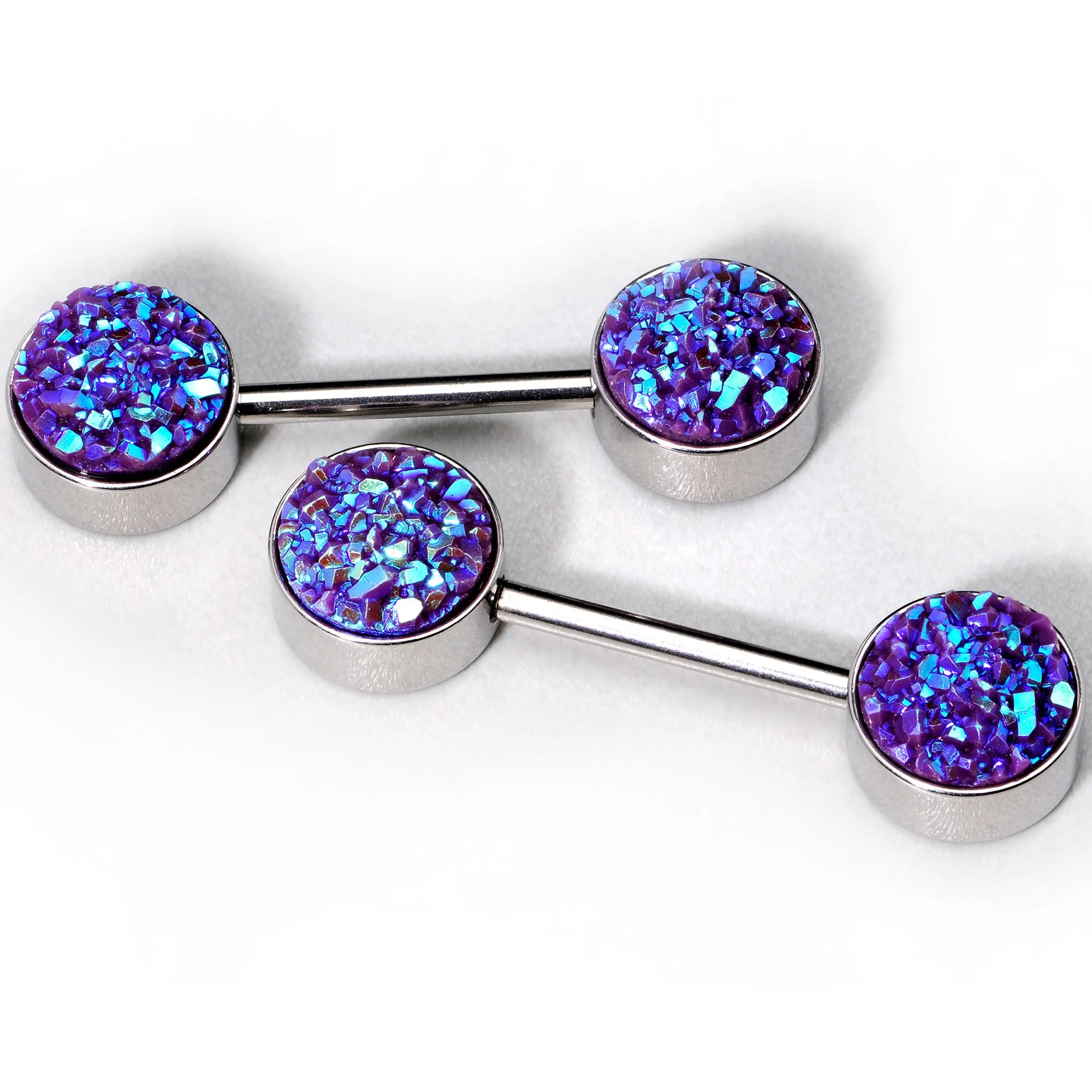 14G 9/16 Purple Synthetic Druzy Paradise Barbell Nipple Ring Set - Image 2