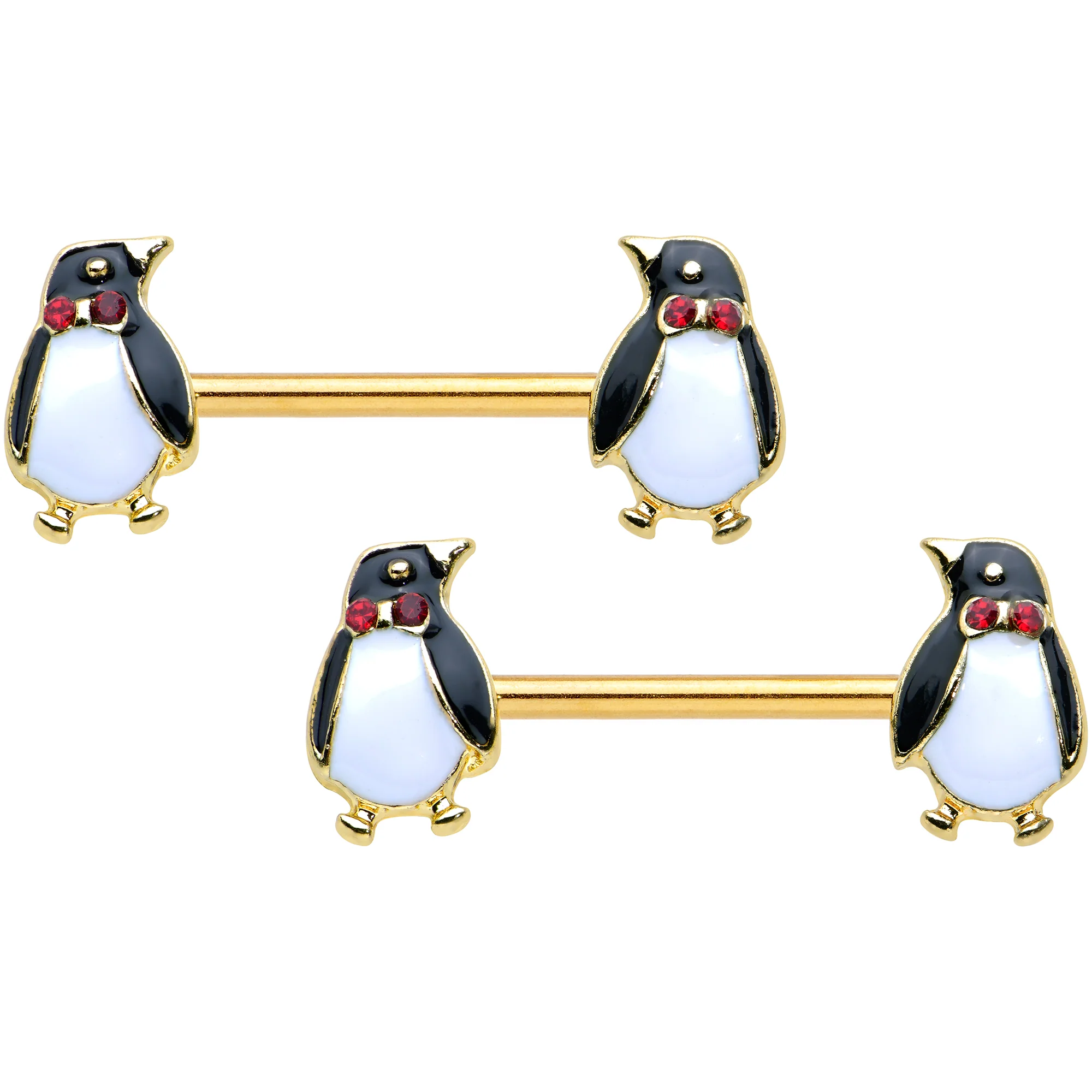 14G 9/16 Red Gem Gold Hue Bow Tie Penguin Barbell Nipple Ring Set