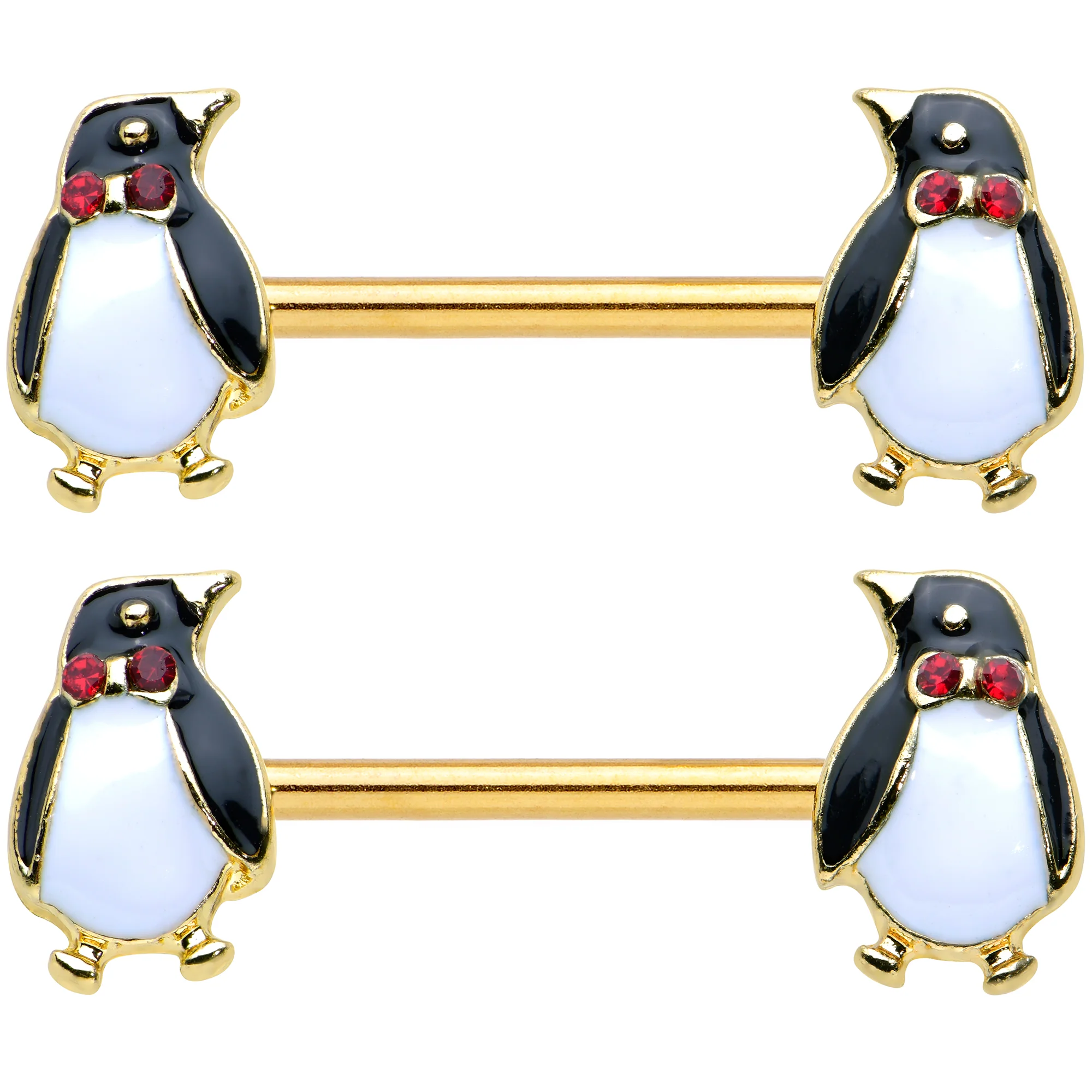 14G 9/16 Red Gem Gold Hue Bow Tie Penguin Barbell Nipple Ring Set - Image 2