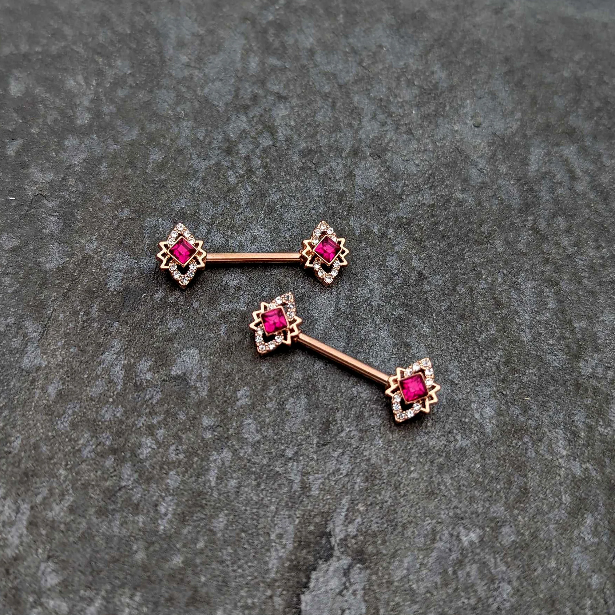 14G 9/16 Red Gem Rosy Tone Octogram Star Barbell Nipple Ring Set - Image 4