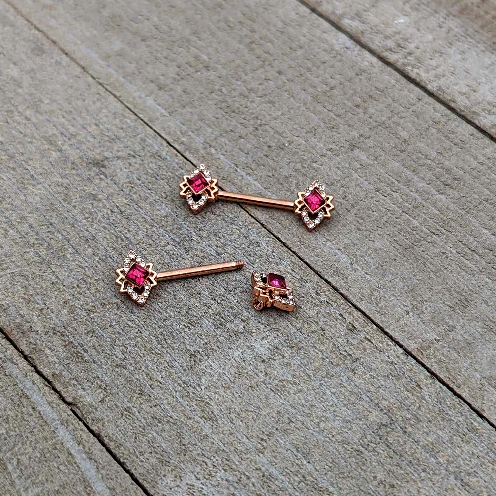 14G 9/16 Red Gem Rosy Tone Octogram Star Barbell Nipple Ring Set - Image 6