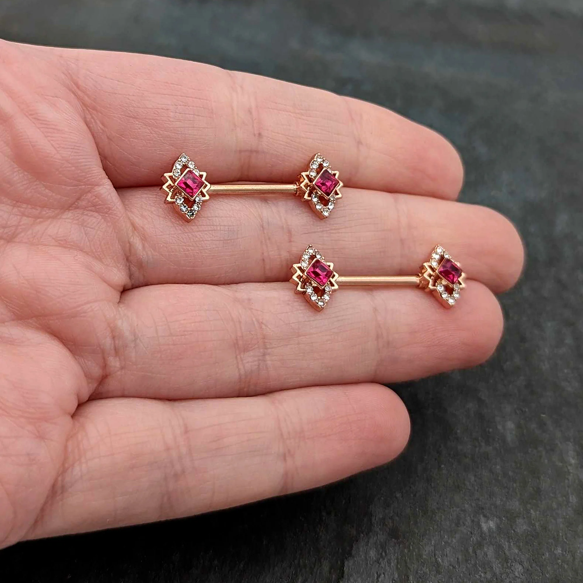14G 9/16 Red Gem Rosy Tone Octogram Star Barbell Nipple Ring Set - Image 7