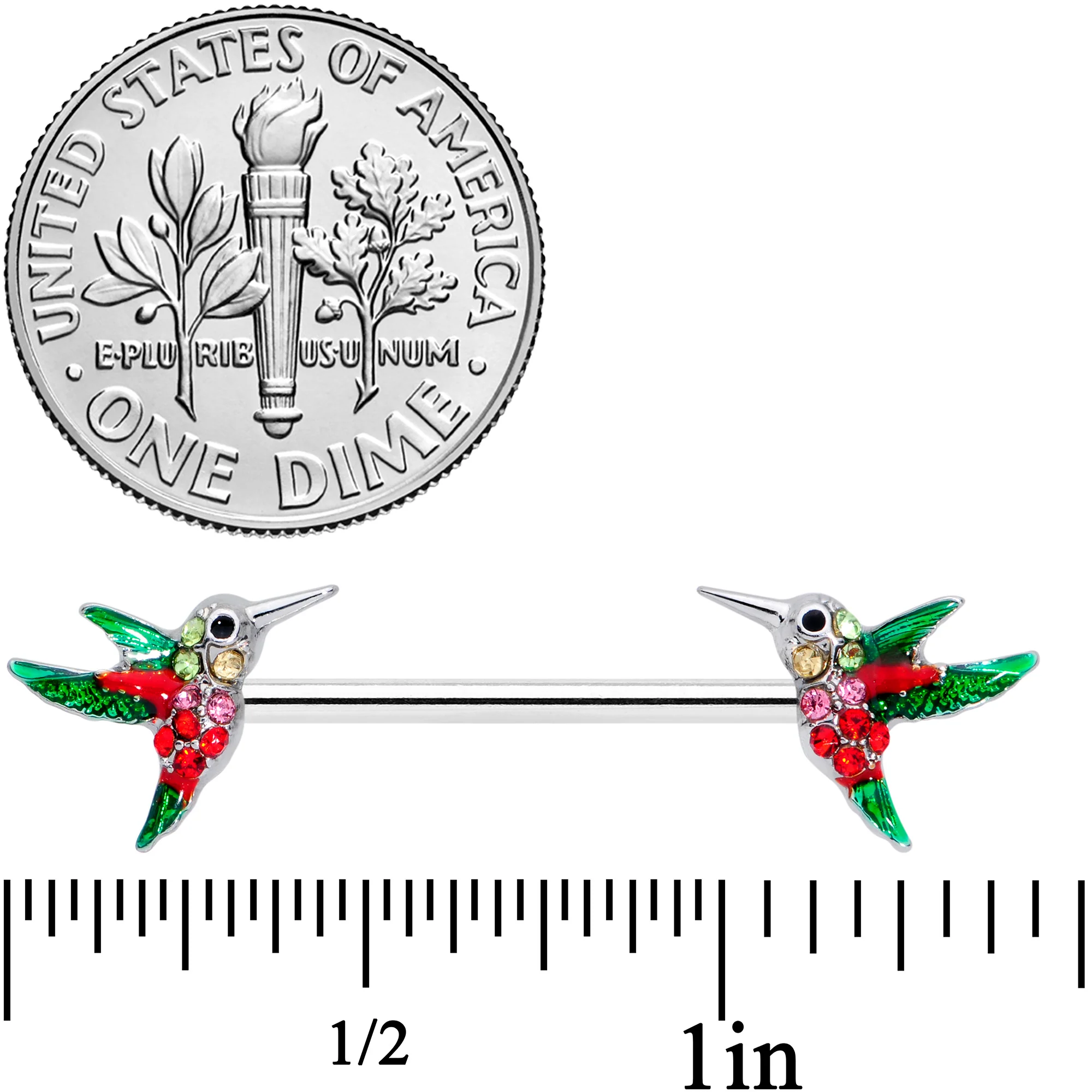 14G 9/16 Red Pink Gem Green Hummingbird Barbell Nipple Ring Set - Image 2