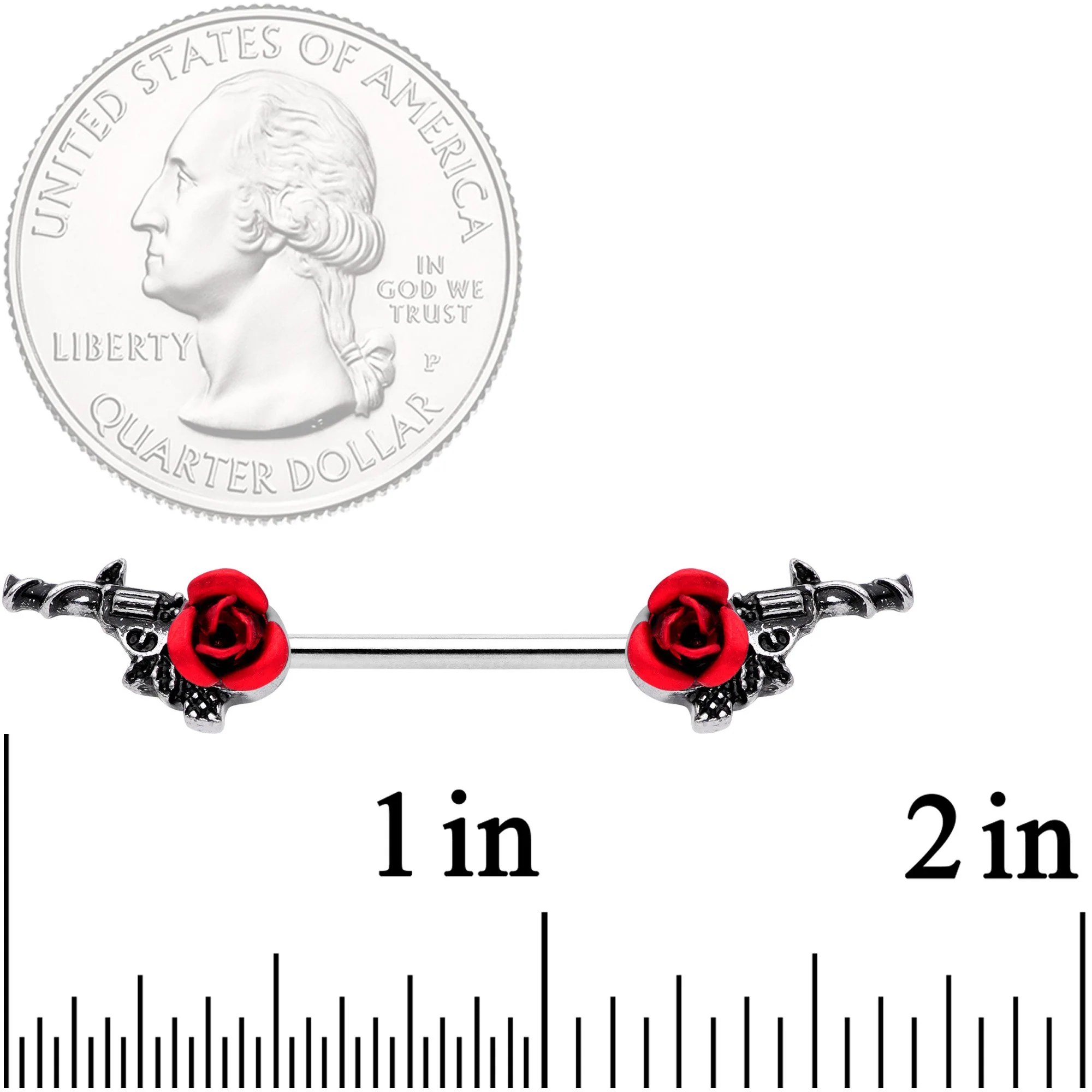 14G 9/16 Red Rose Flower and Gun Barbell Nipple Ring Set - Image 3