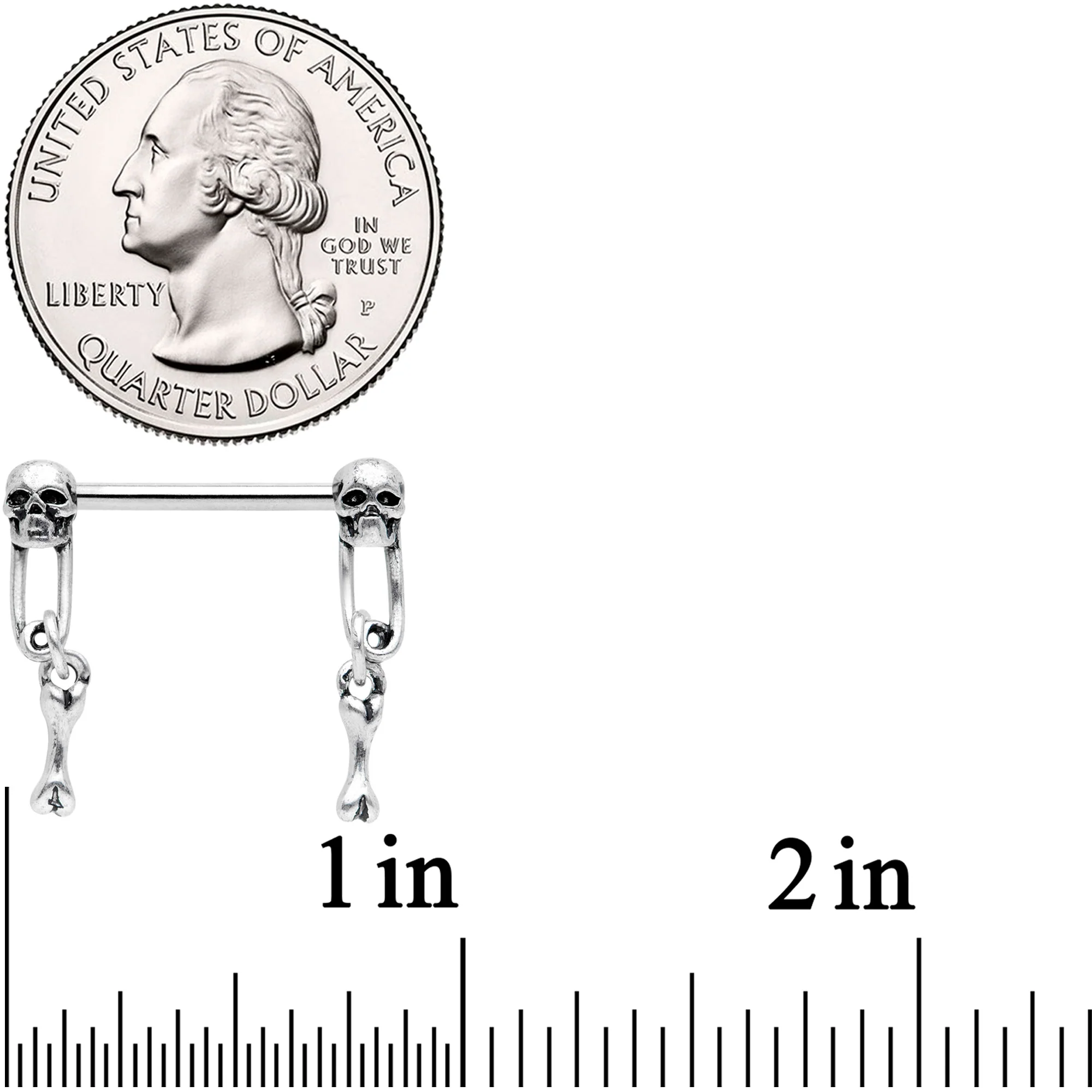 14G 9/16 Skull Safety Pin Dangle Barbell Nipple Ring Set - Image 3
