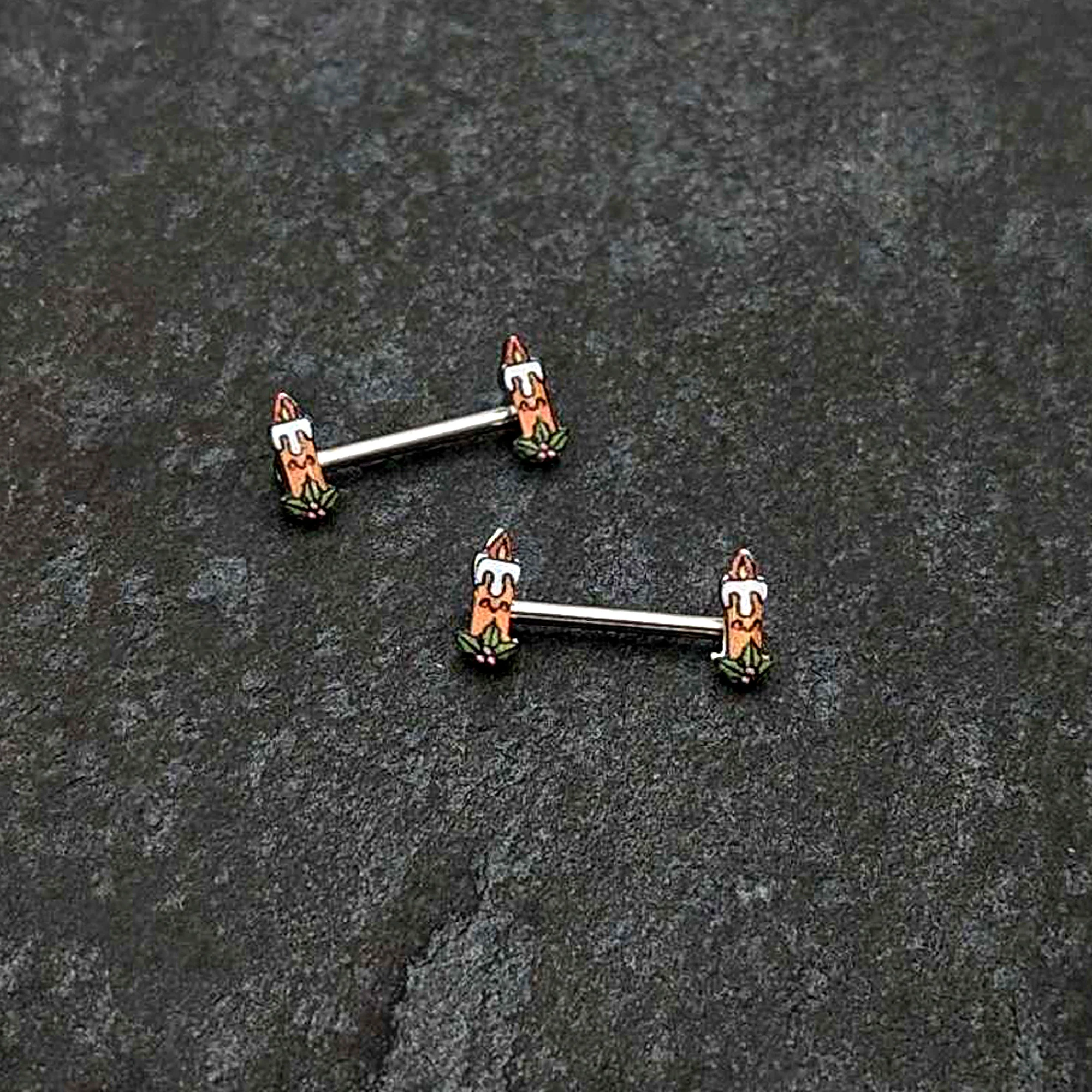 14G 9/16 Sweet Holiday Christmas Candle Barbell Nipple Ring Set - Image 4