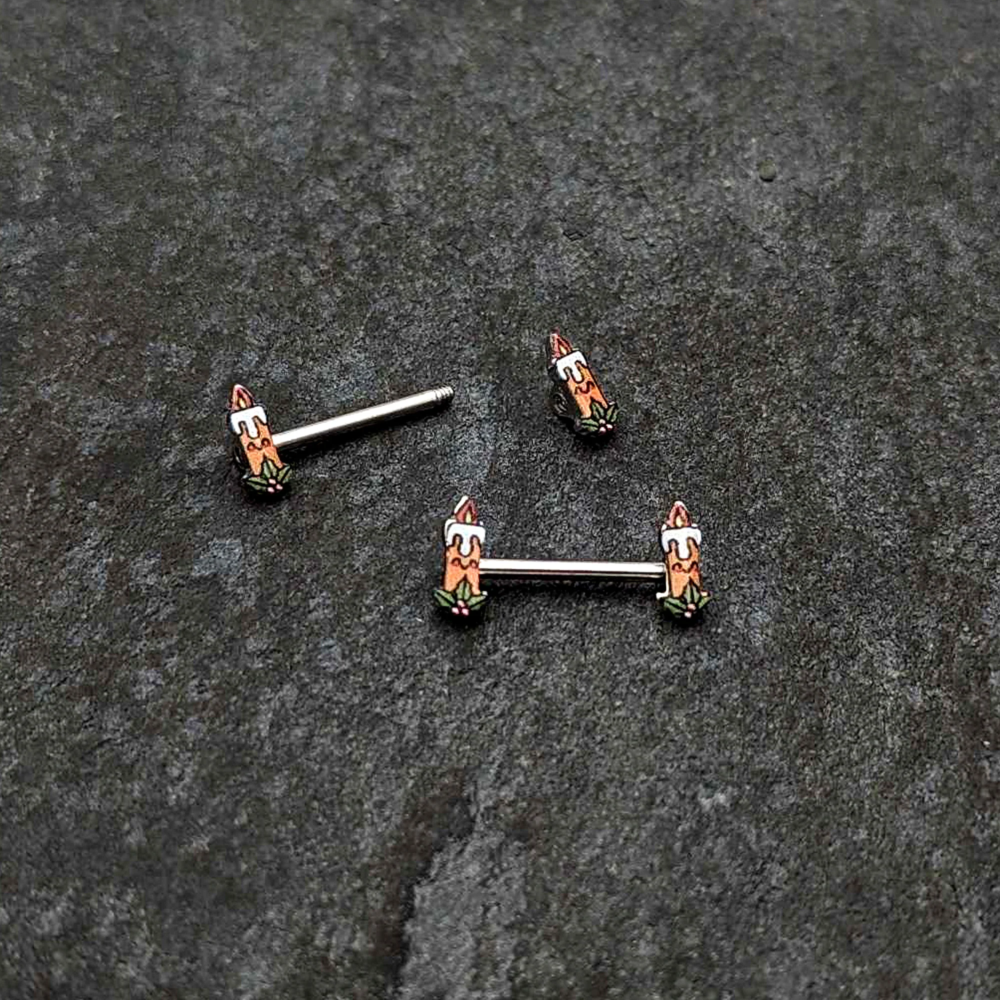 14G 9/16 Sweet Holiday Christmas Candle Barbell Nipple Ring Set - Image 5