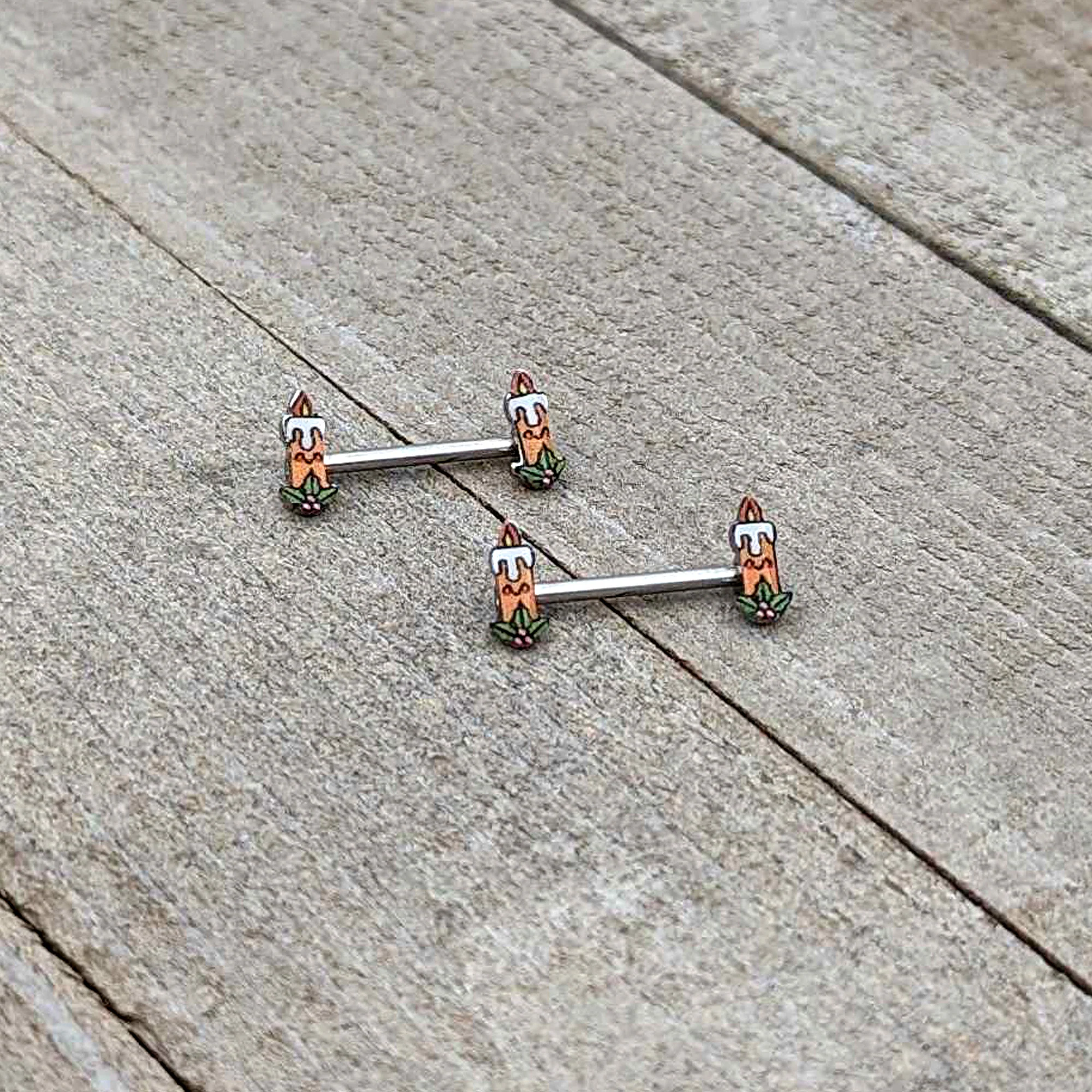 14G 9/16 Sweet Holiday Christmas Candle Barbell Nipple Ring Set - Image 6
