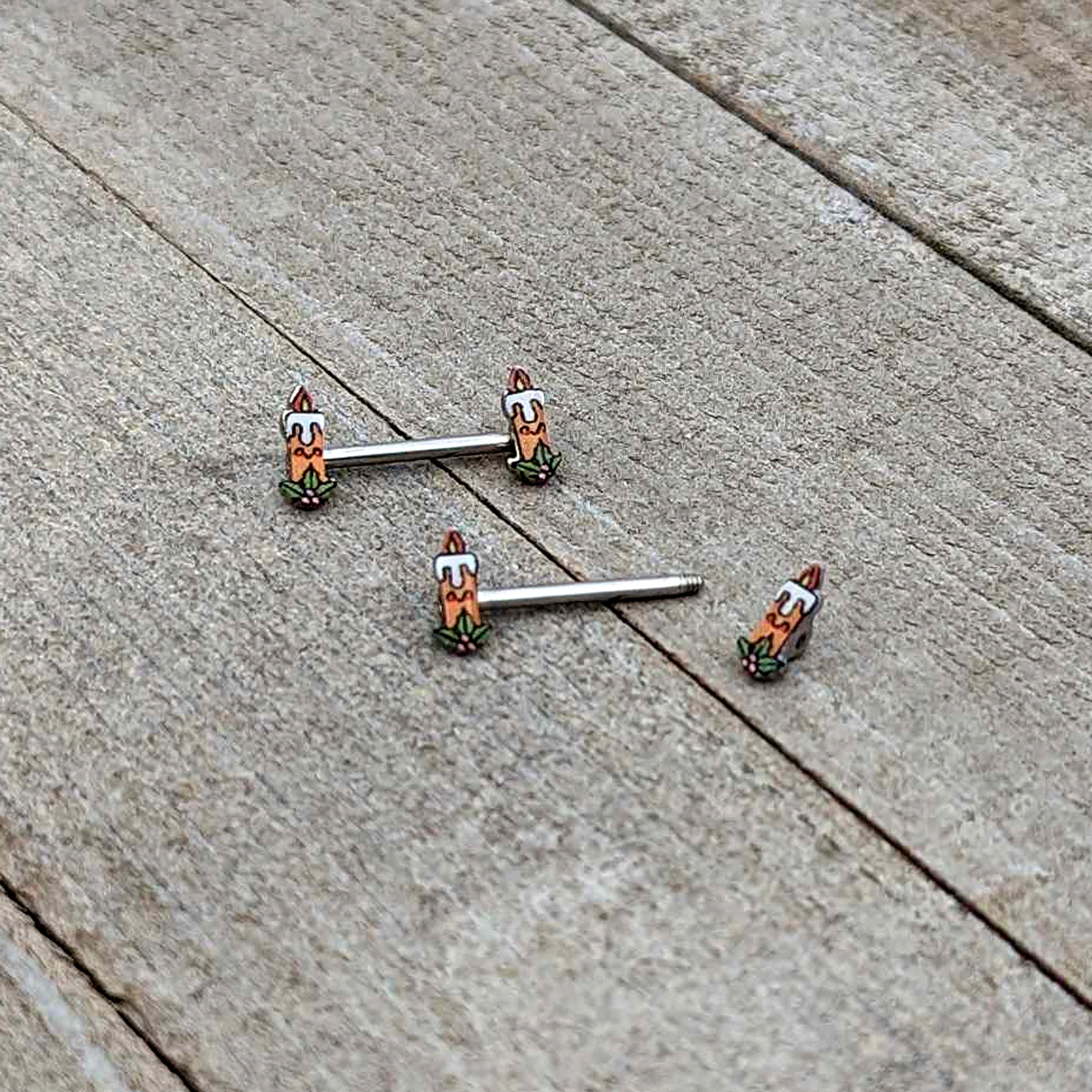 14G 9/16 Sweet Holiday Christmas Candle Barbell Nipple Ring Set - Image 7