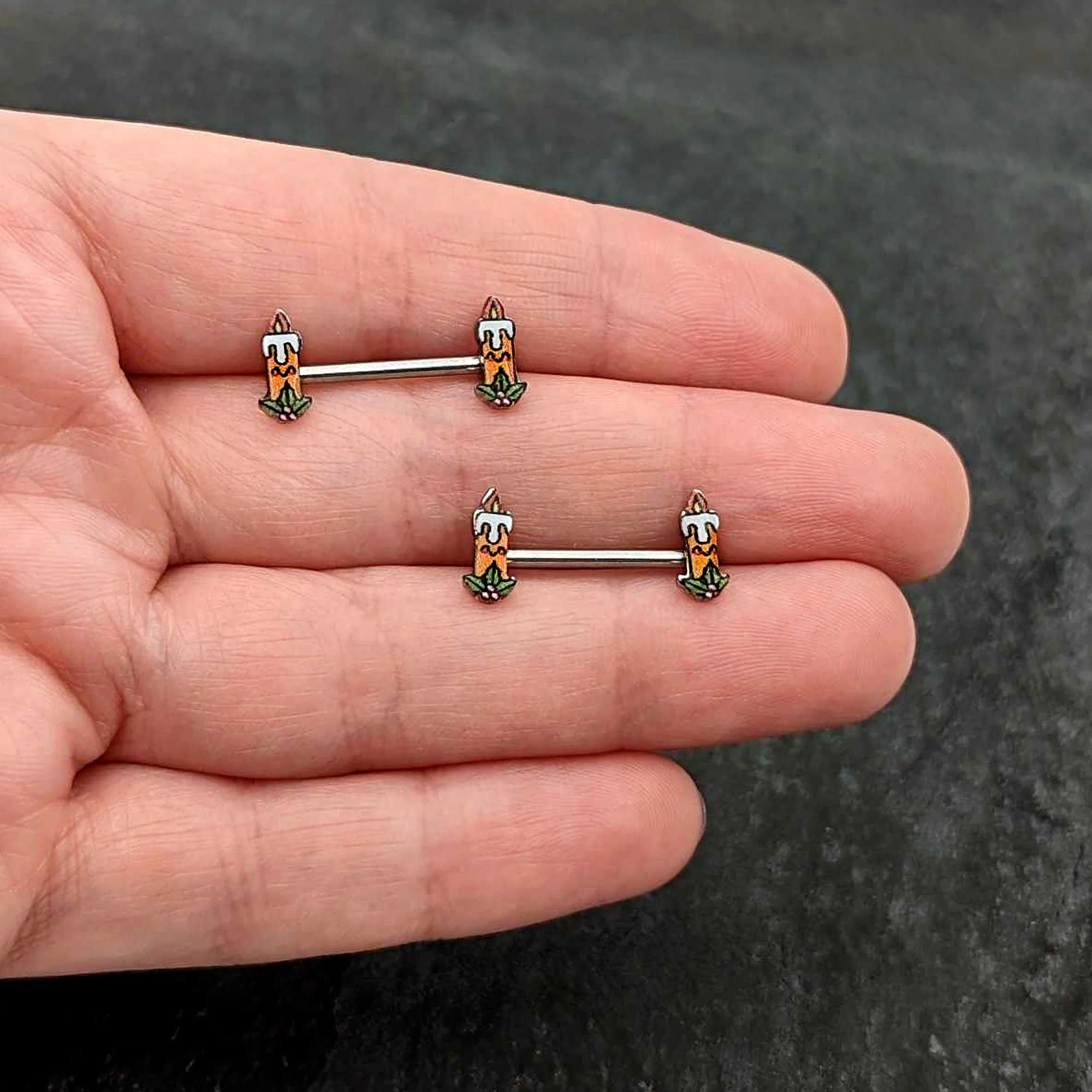 14G 9/16 Sweet Holiday Christmas Candle Barbell Nipple Ring Set - Image 8