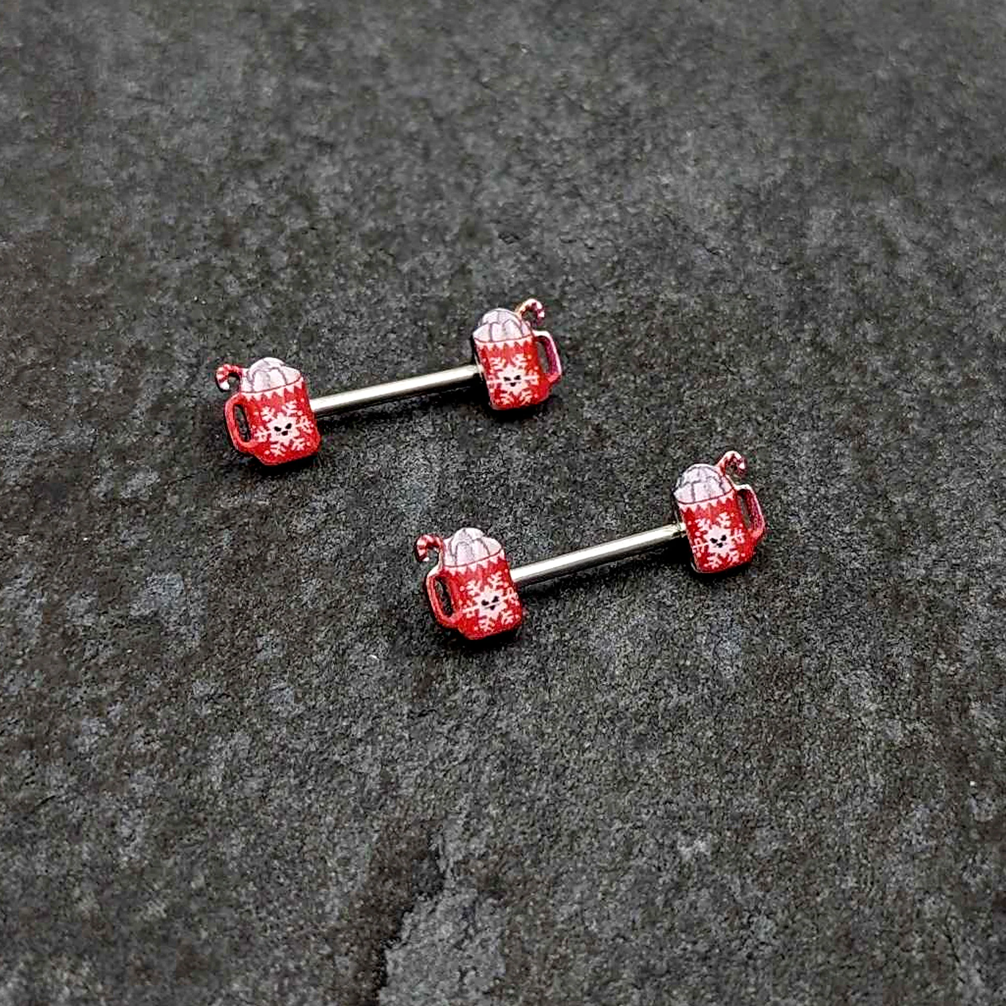 14G 9/16 Sweet Hot Cocoa Holiday Barbell Holiday Nipple Ring Set - Image 4