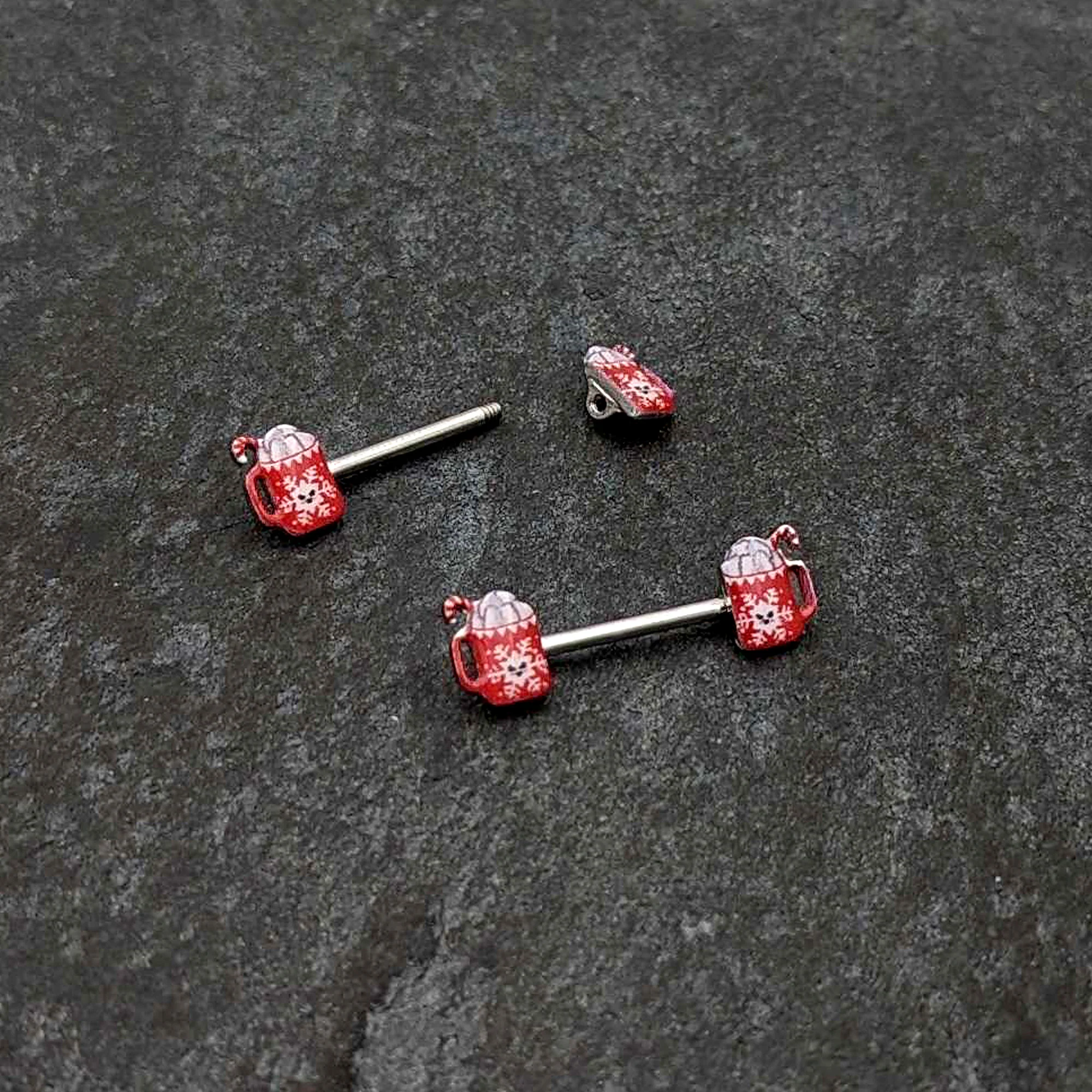 14G 9/16 Sweet Hot Cocoa Holiday Barbell Holiday Nipple Ring Set - Image 5