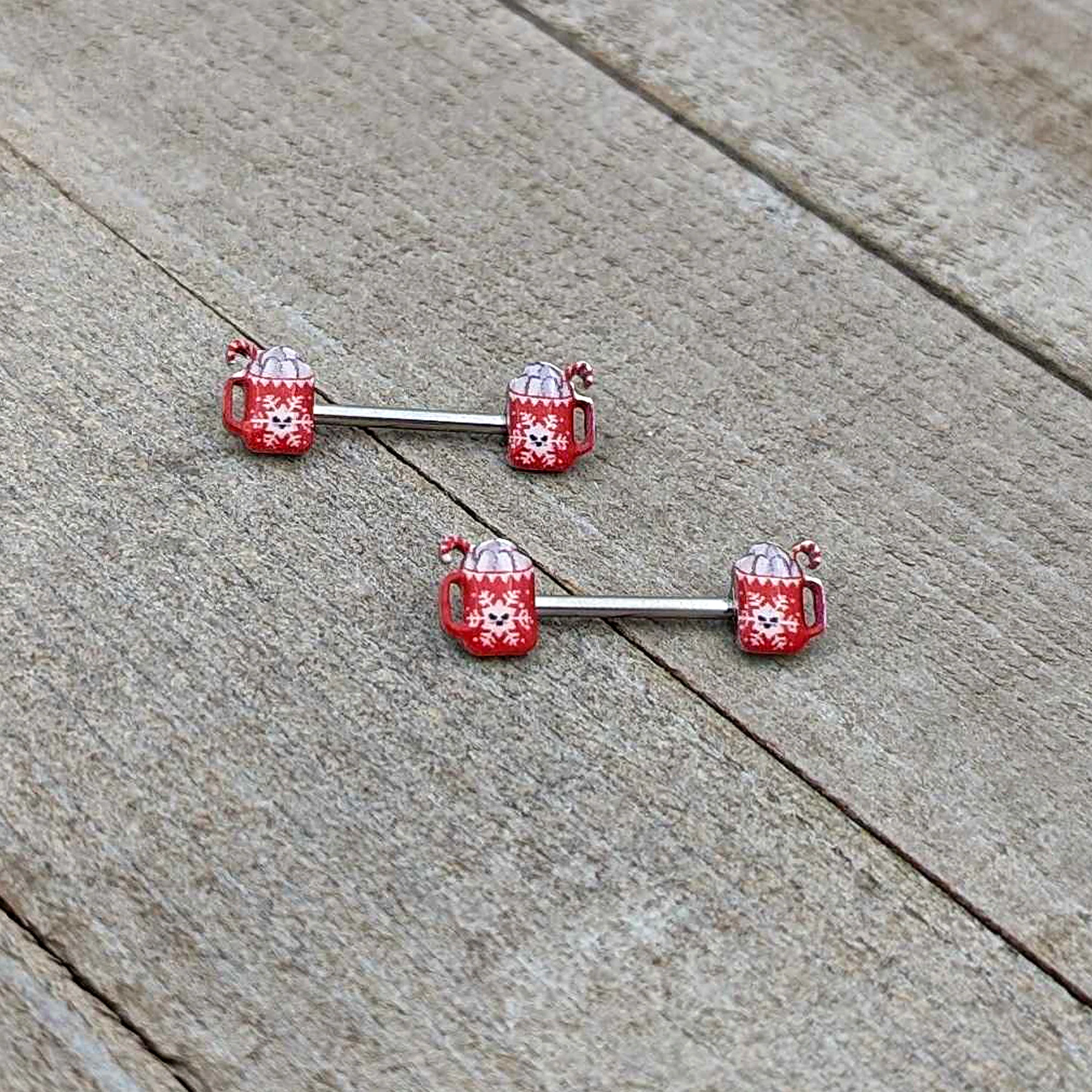 14G 9/16 Sweet Hot Cocoa Holiday Barbell Holiday Nipple Ring Set - Image 6