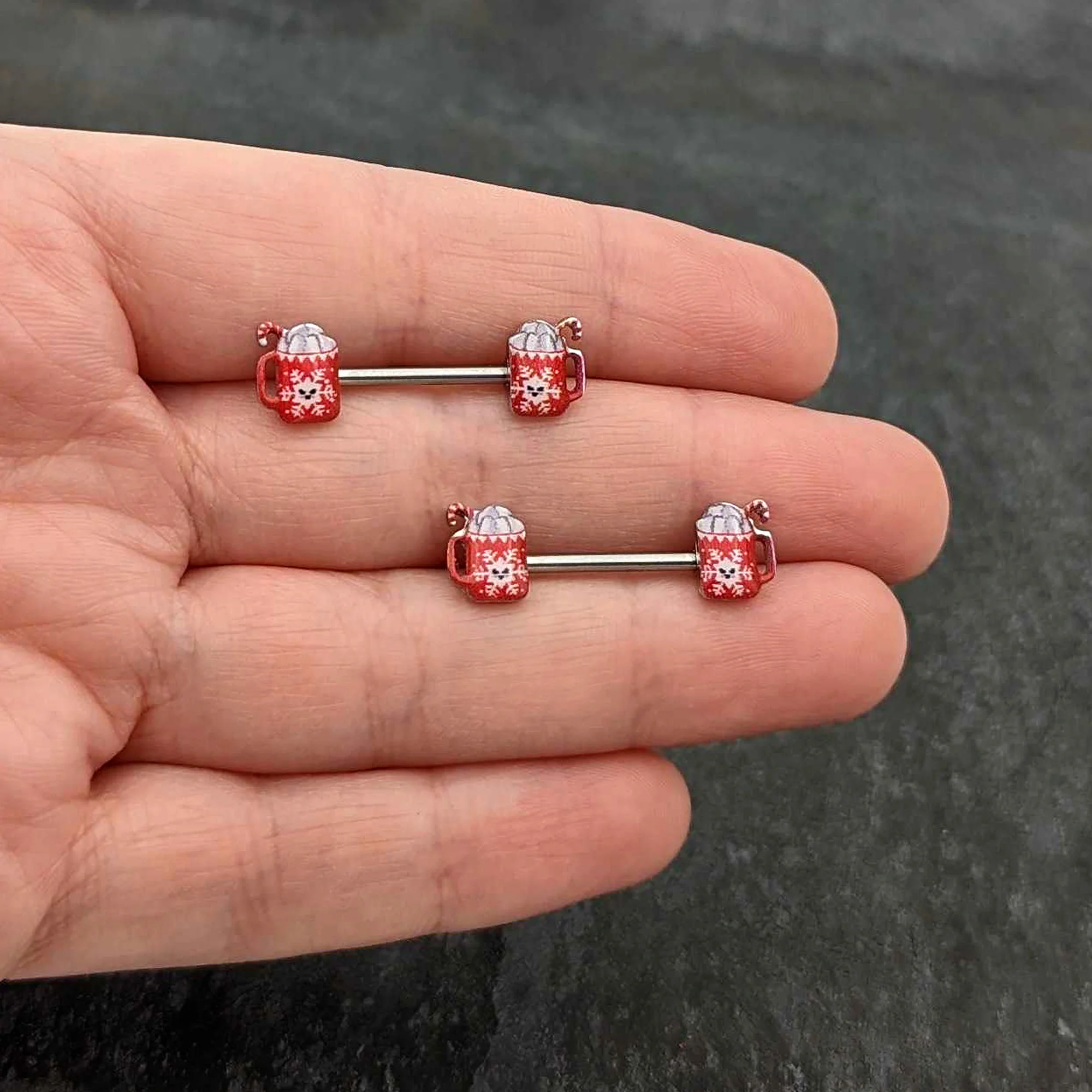 14G 9/16 Sweet Hot Cocoa Holiday Barbell Holiday Nipple Ring Set - Image 8