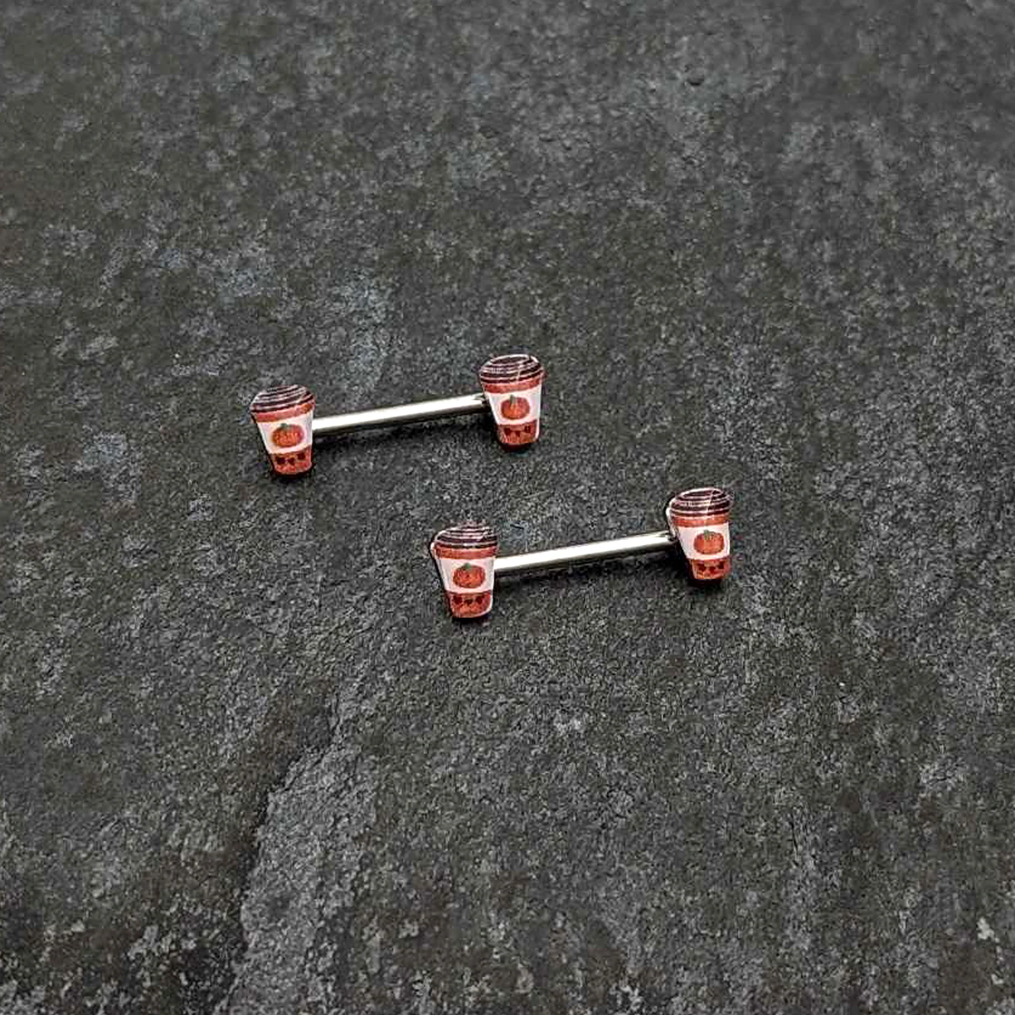 14G 9/16 Sweet Pumpkin Latte Autumn Barbell Nipple Ring Set - Image 4