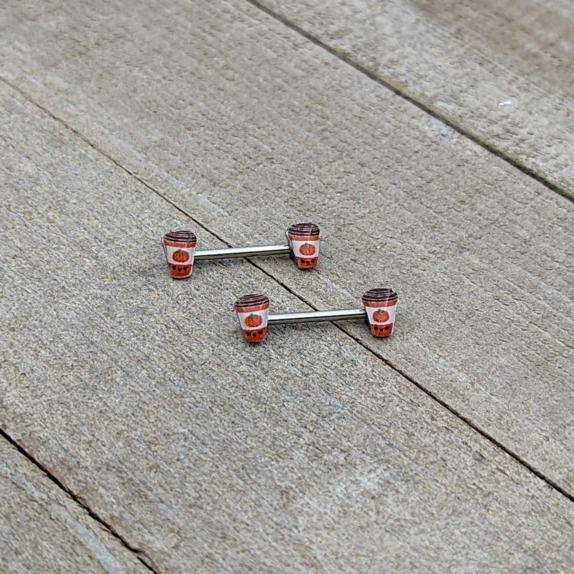 14G 9/16 Sweet Pumpkin Latte Autumn Barbell Nipple Ring Set - Image 6