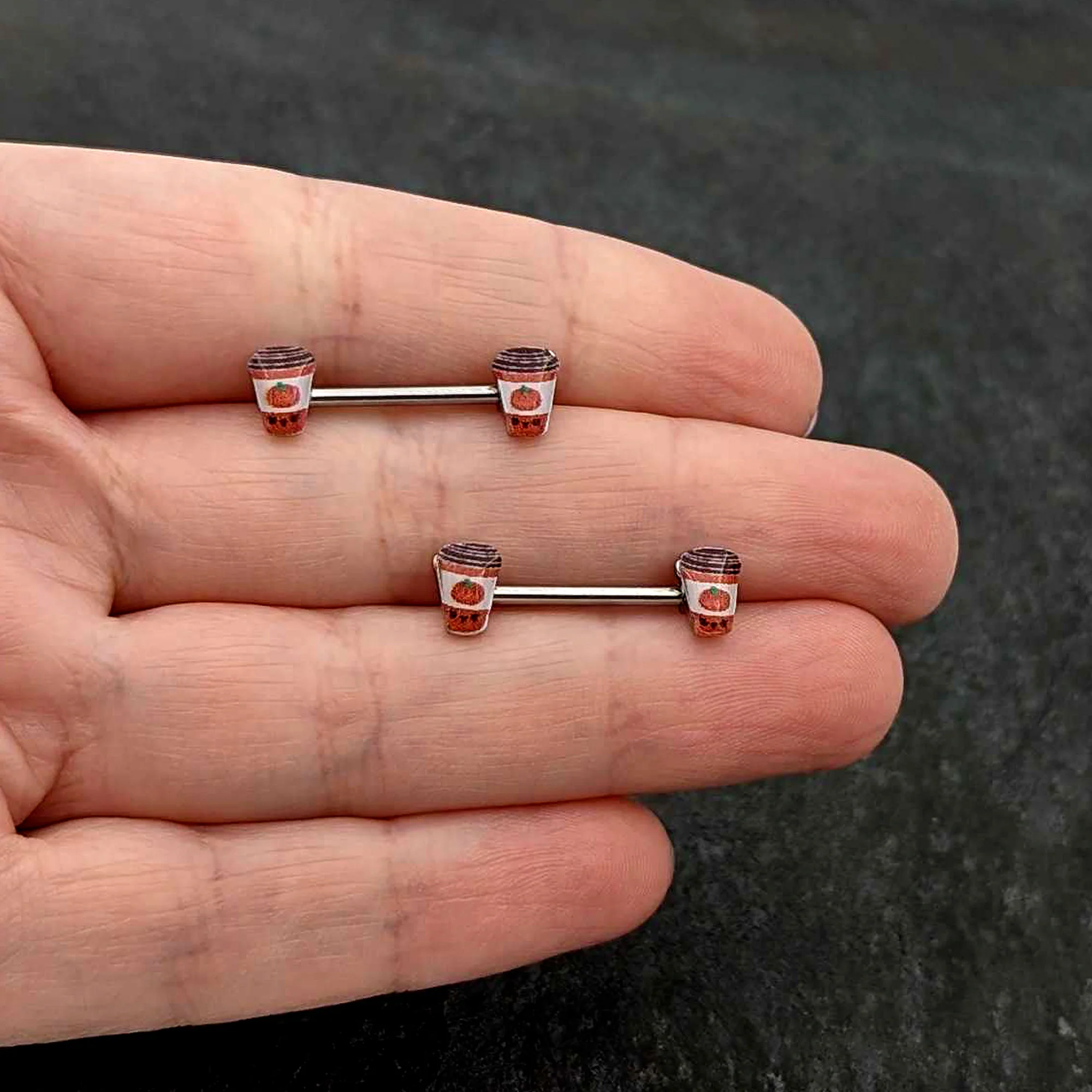 14G 9/16 Sweet Pumpkin Latte Autumn Barbell Nipple Ring Set - Image 8