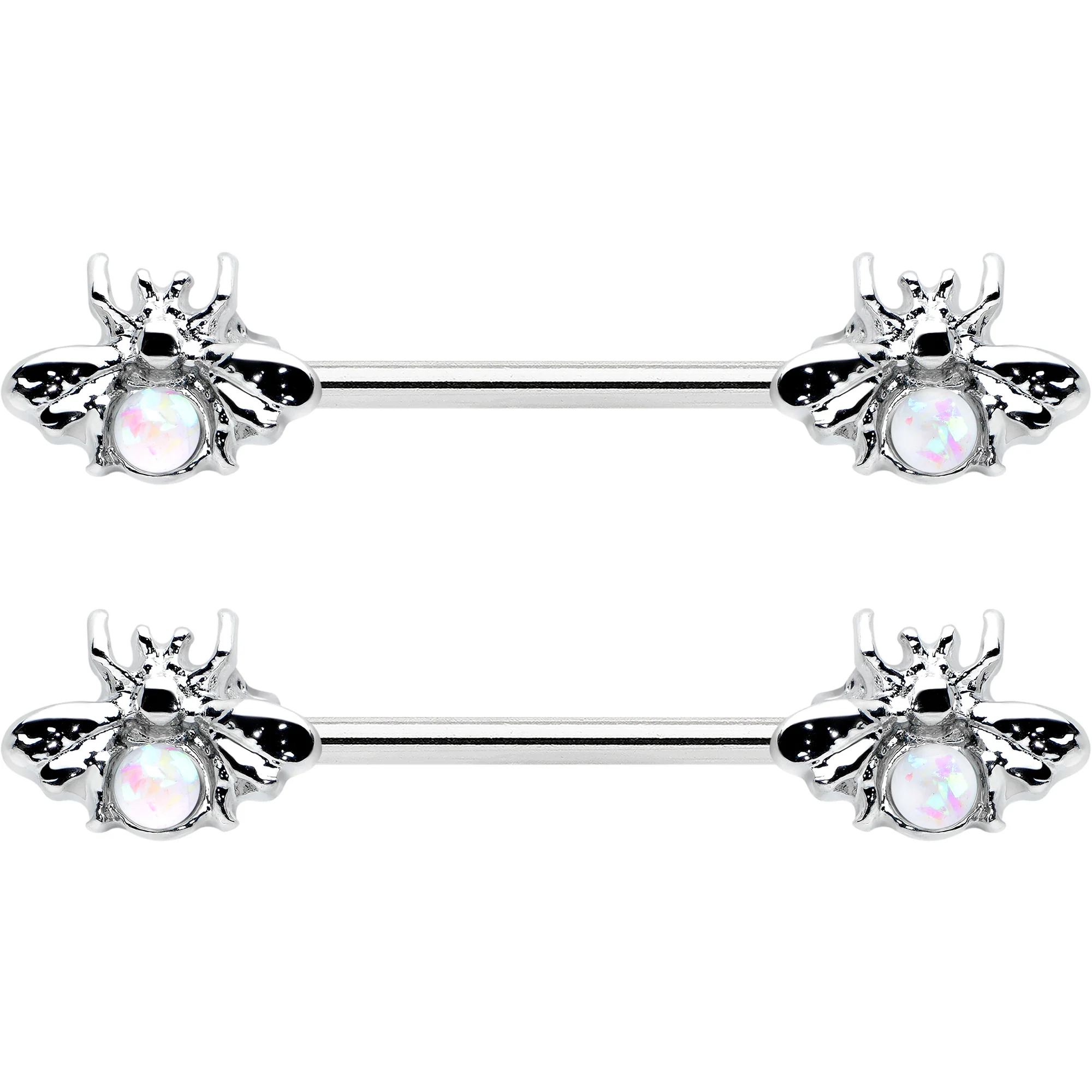 14G 9/16 White Faux Opal Bee Beauty Insect Barbell Nipple Ring Set - Image 2