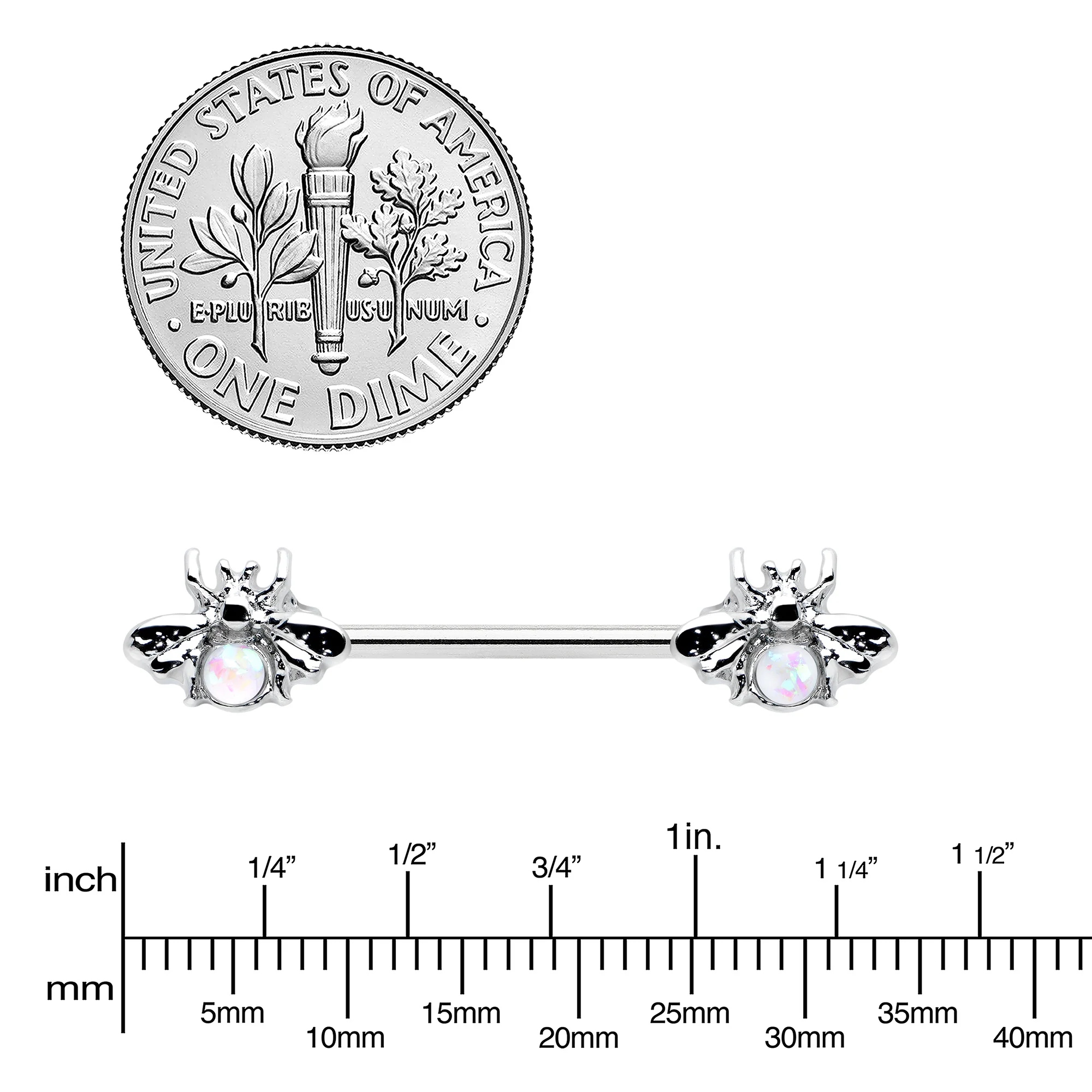 14G 9/16 White Faux Opal Bee Beauty Insect Barbell Nipple Ring Set - Image 3