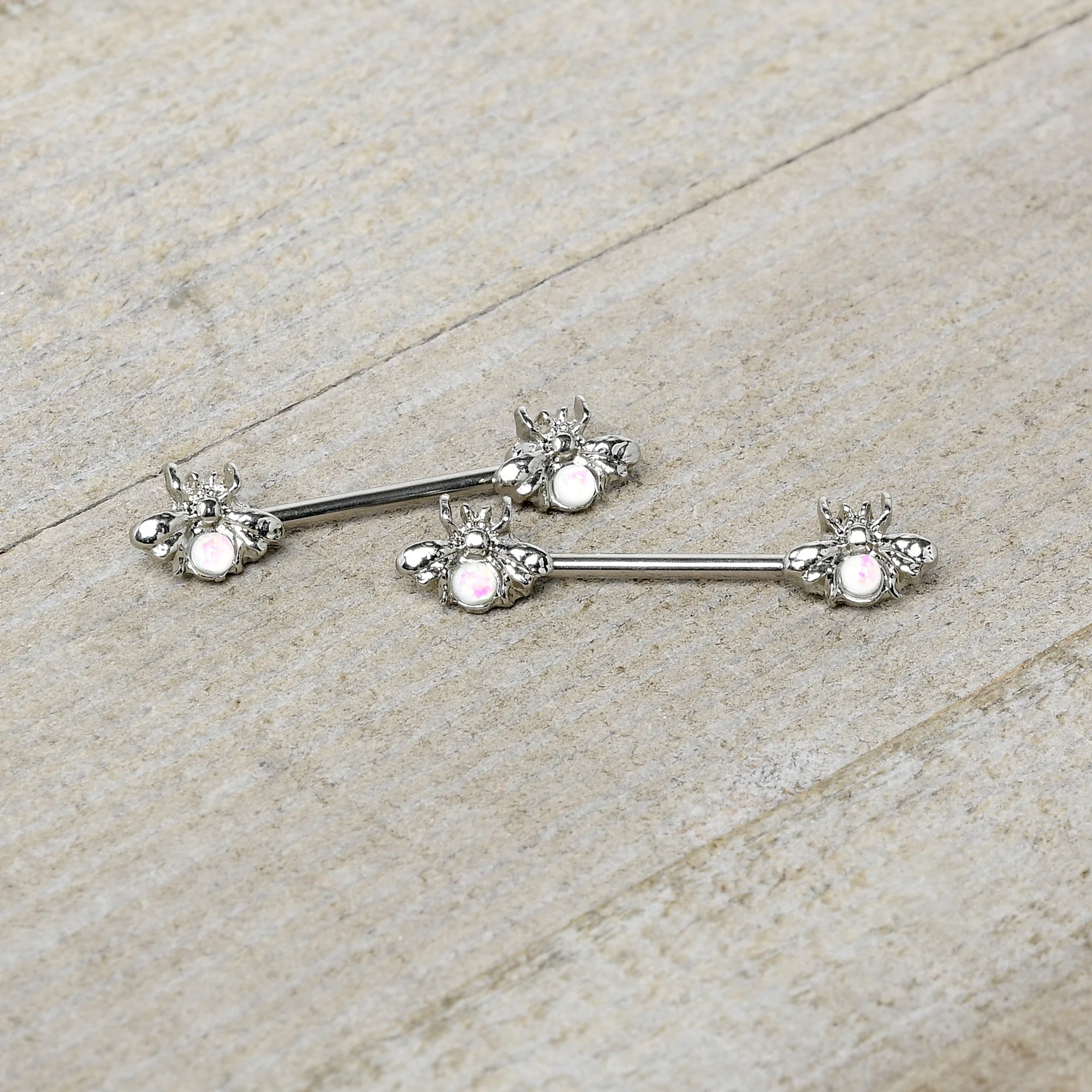 14G 9/16 White Faux Opal Bee Beauty Insect Barbell Nipple Ring Set - Image 4