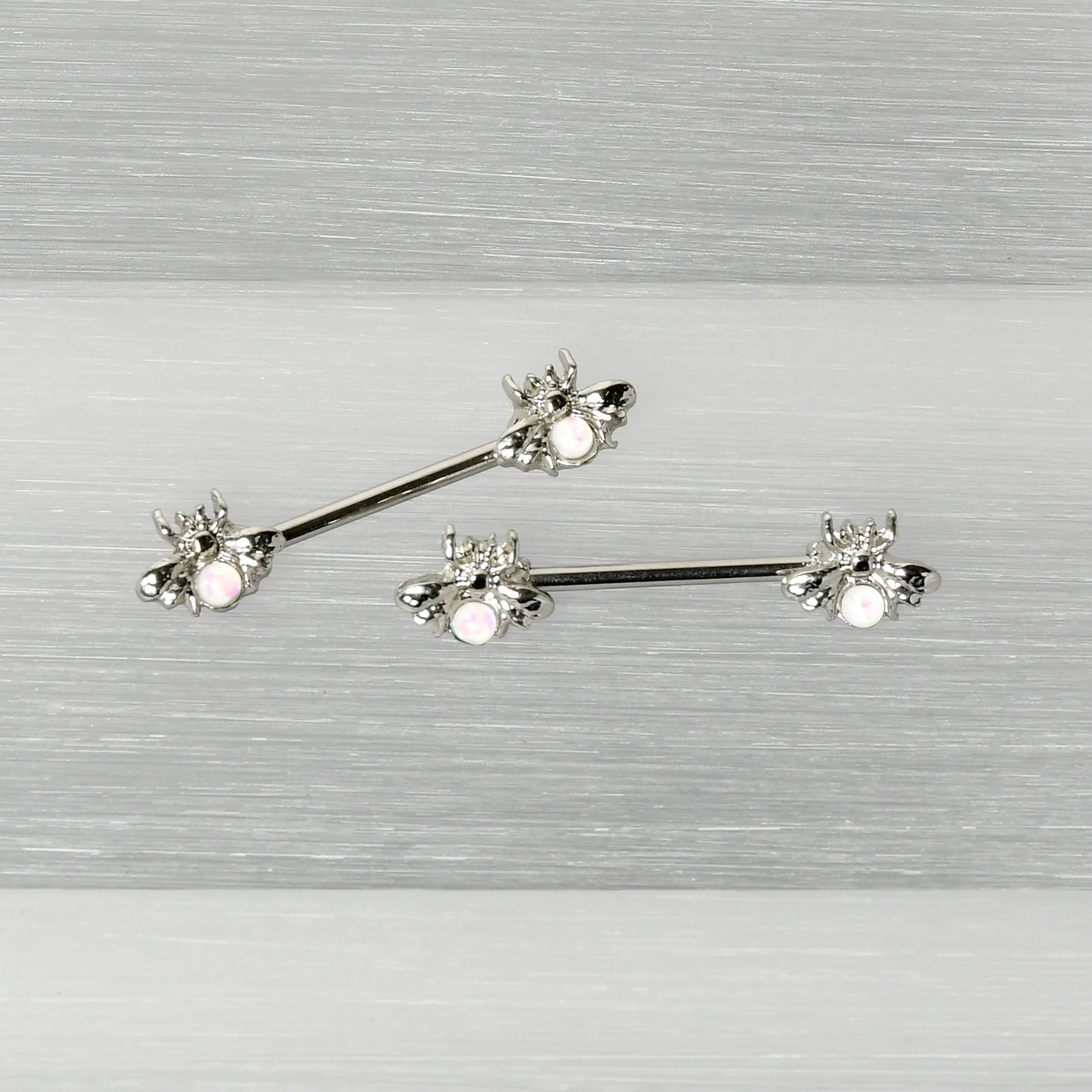 14G 9/16 White Faux Opal Bee Beauty Insect Barbell Nipple Ring Set - Image 5