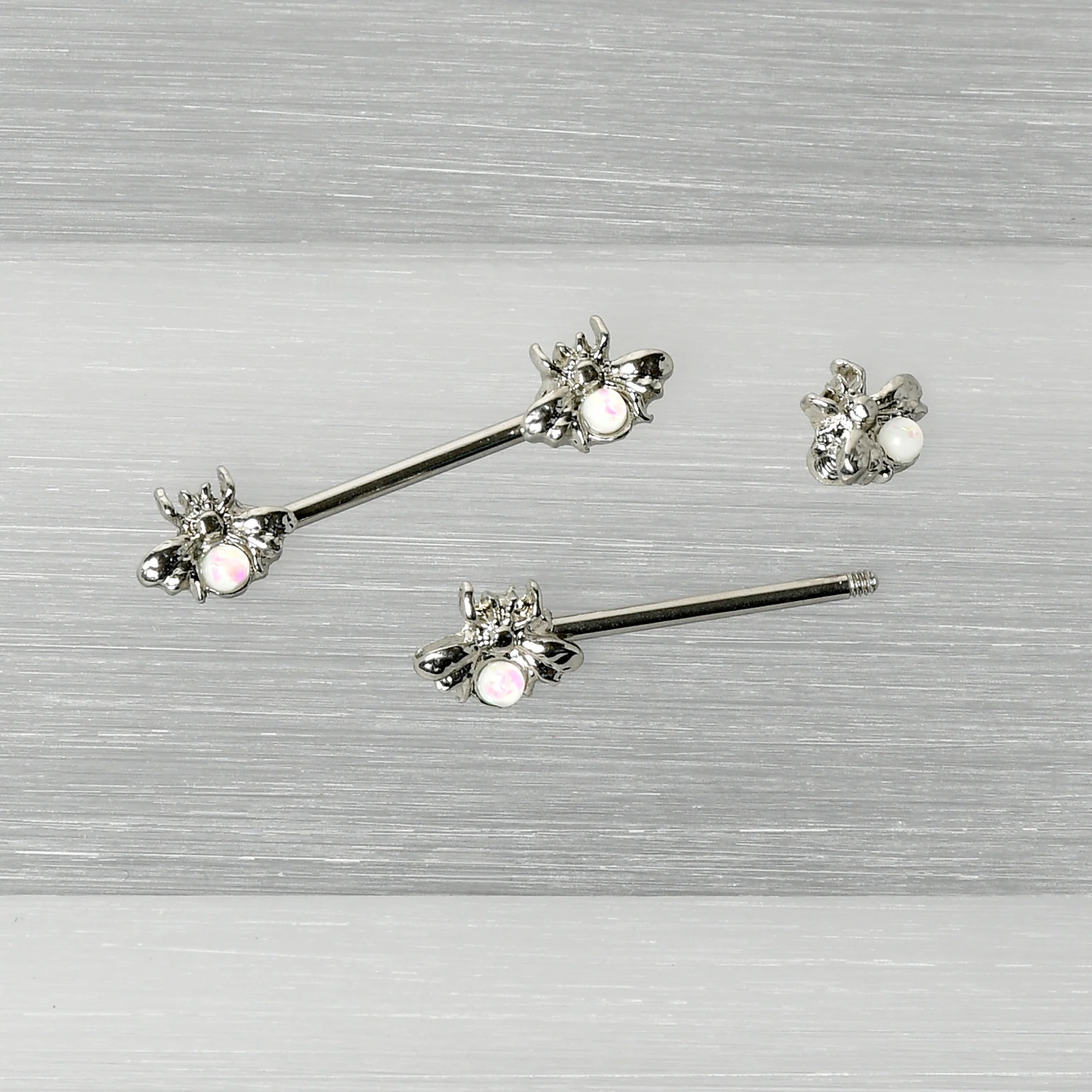 14G 9/16 White Faux Opal Bee Beauty Insect Barbell Nipple Ring Set - Image 6