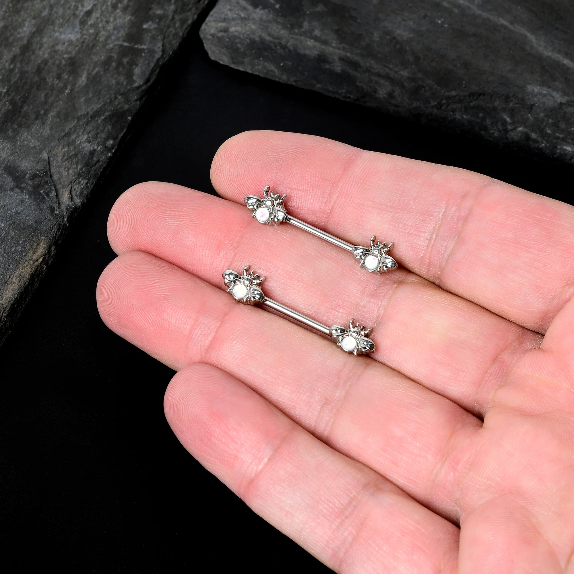 14G 9/16 White Faux Opal Bee Beauty Insect Barbell Nipple Ring Set - Image 7
