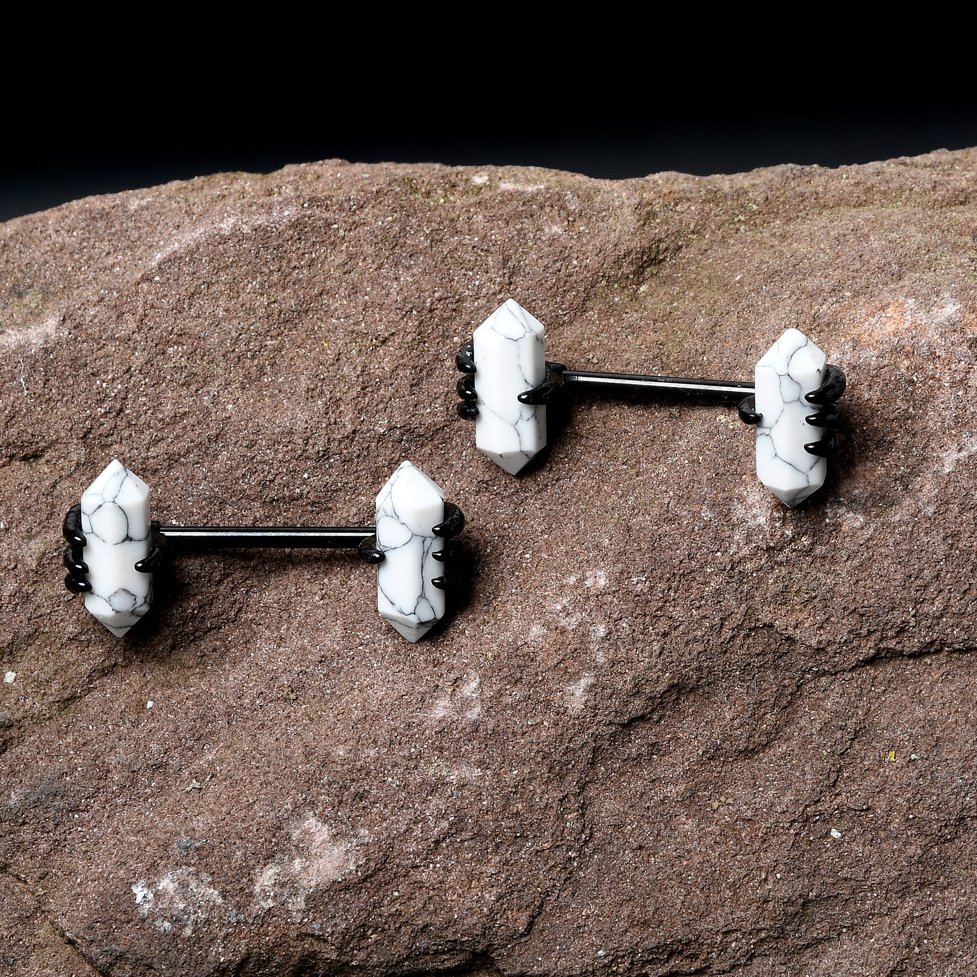 14G 9/16 White Howlite Black Claw Barbell Nipple Ring Set - Image 13
