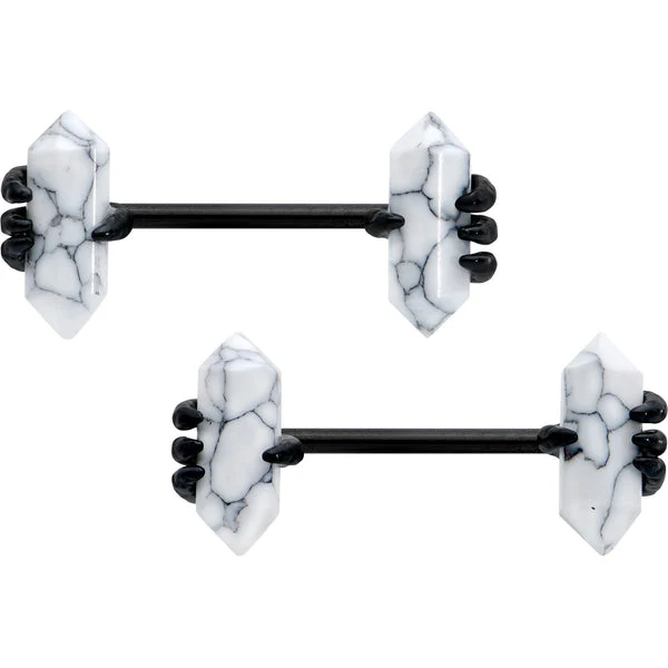 14G 9/16 White Howlite Black Claw Barbell Nipple Ring Set - Image 14