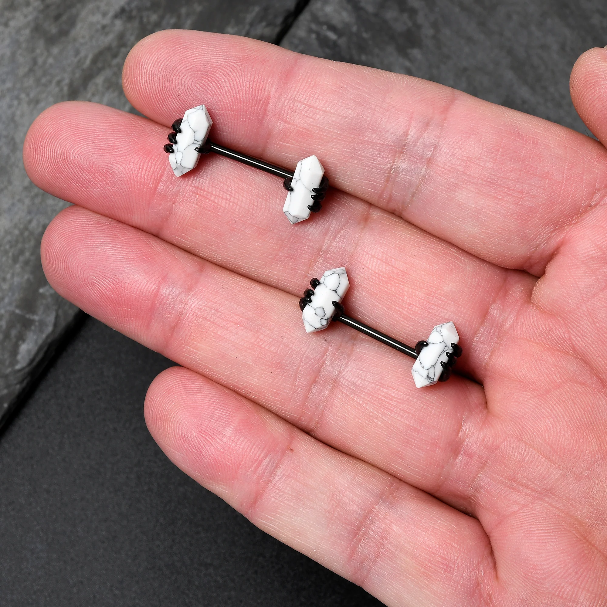 14G 9/16 White Howlite Black Claw Barbell Nipple Ring Set - Image 5