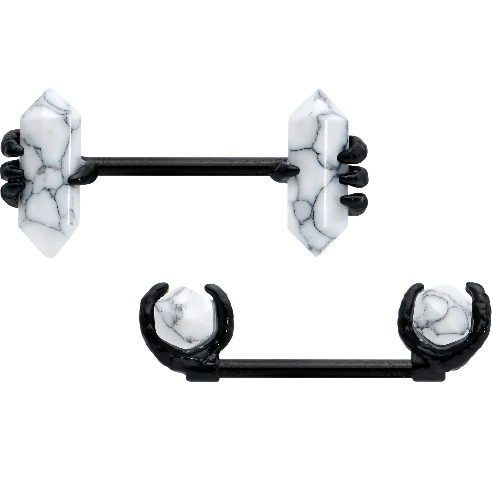 14G 9/16 White Howlite Black Claw Barbell Nipple Ring Set - Image 6